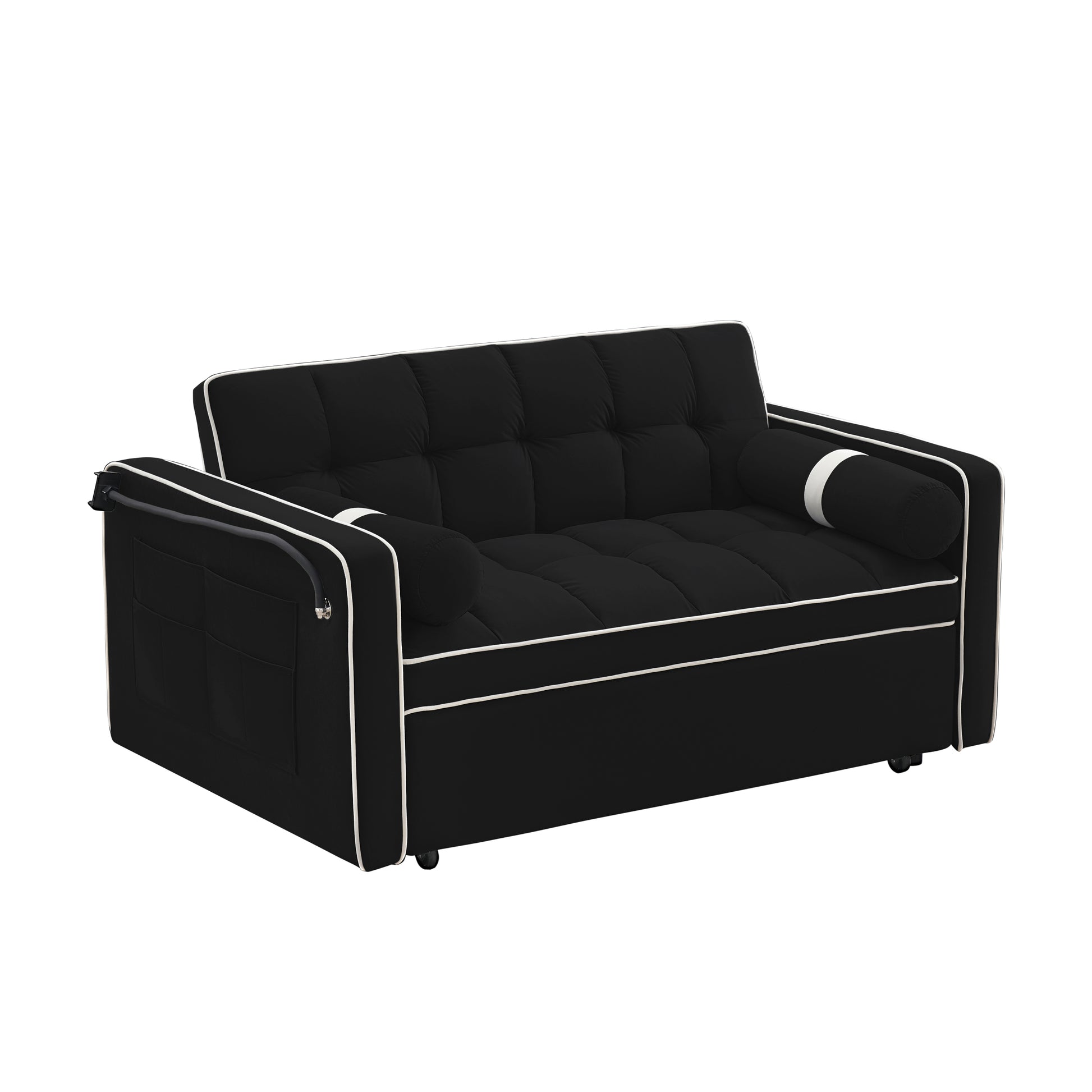 Sleeper Sofa Couch W Pull Out Bed, 55" Modern Velvet Convertible Sleeper Sofa Bed, Small Beautiful Seat Sofa Bed W Pillows & Side Pockets For Small Space, Living Room, Apartment,Black Black Velvet 2 Seat