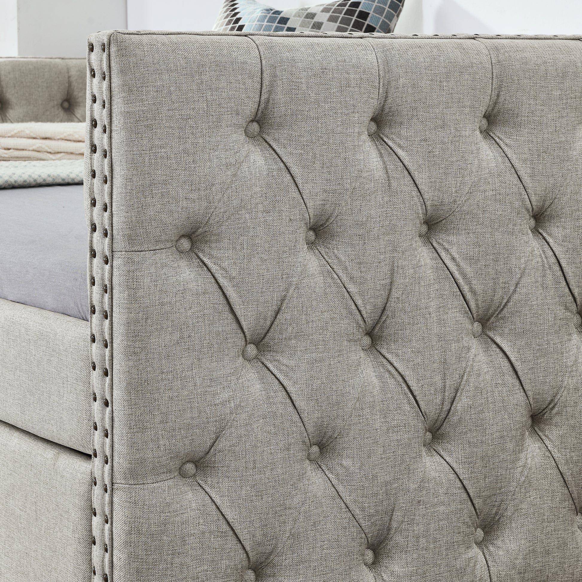 Upholstered Twin Size Daybed With Two Drawers, With Button And Copper Nail On Square Arms, Beige 82.75''X43''X30.75'' Box Spring Not Required Twin Beige Composite Bedroom Classic,Contemporary,Luxury,Modern,Traditional Linen Linen