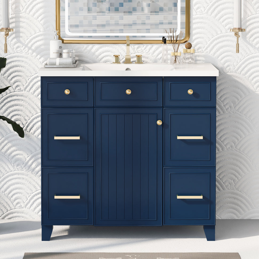 36" Bathroom Vanity Cabinet With Sink Top Combo Set, Navy Blue, Single Sink, Shaker Cabinet With Soft Closing Door And Drawer Navy Blue Solid Wood Mdf Resin