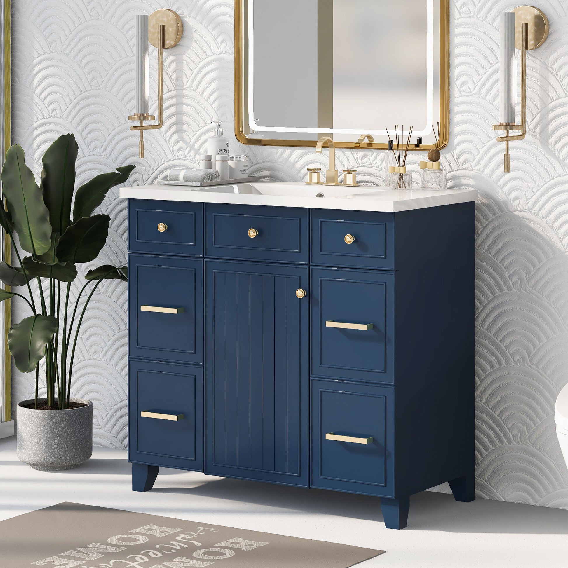 36" Bathroom Vanity Cabinet With Sink Top Combo Set, Navy Blue, Single Sink, Shaker Cabinet With Soft Closing Door And Drawer Navy Blue Solid Wood Mdf Resin