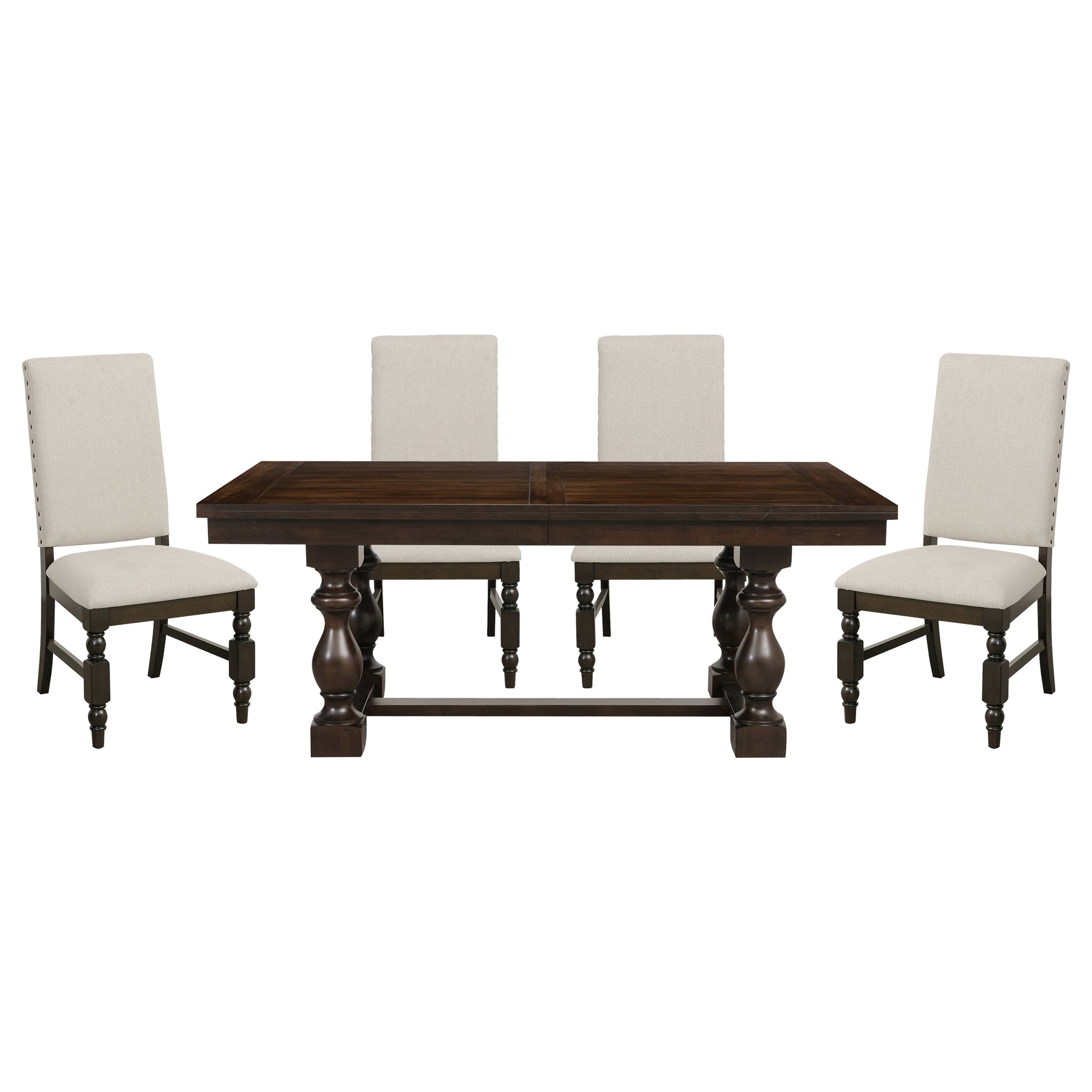 Modern 5Pc Dining Set Extendable Table And 4 Side Chairs Cream Upholstered Wooden Dining Furniture Dark Oak Finish Wood Wood Dark Oak Seats 4 Wood Dining Room Drop Leaf Extendable Trestle Rectangular Dining Table With Chair Wood