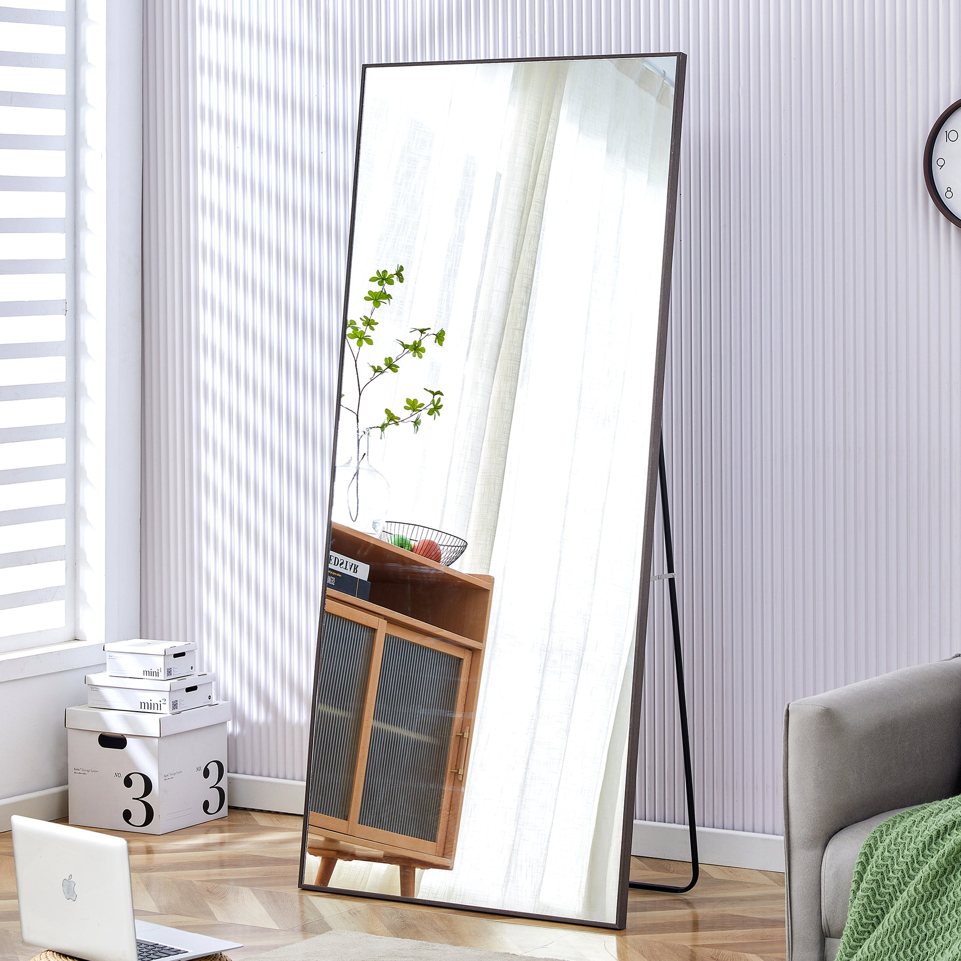 Fourth Generation Solid Wood Frame Long Mirror, Dressing Mirror, Bedroom Foyer, Decorative Mirror, Clothing Store, Floor To Ceiling Mirror, Wall Mounted. 71 "* 31.4" Gray Glass