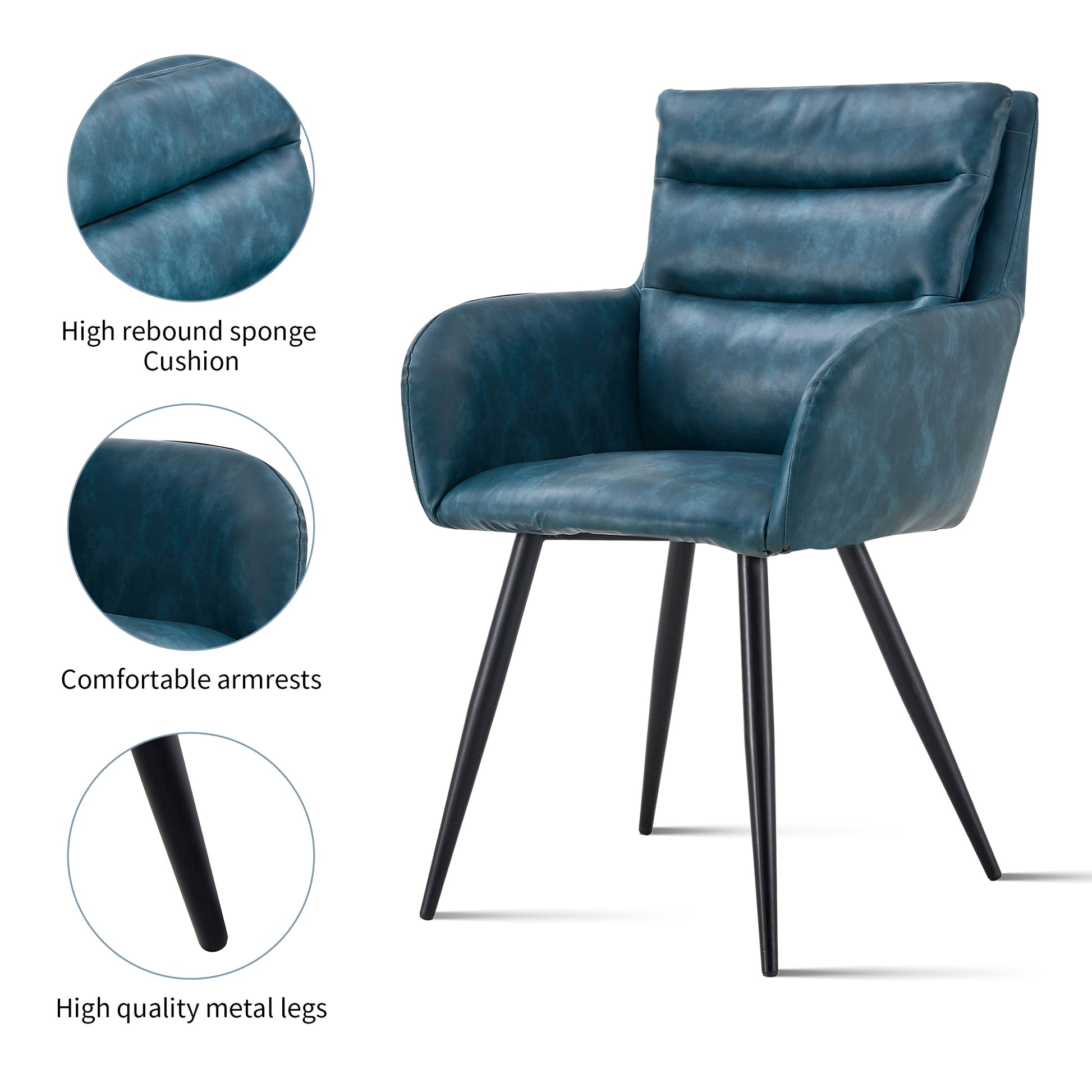 Blue Modern Pu Easy Cleaning Office Home Chairs Set Of 2 Armrest & Backrest Comfortable Chairs Upholstered Chair With Black Metal Legs For Office Dining Room Kitchen Bedroom And Living Room Blue Dining Room Sponge Rectangular Casual,Modern Arm Chair Arm