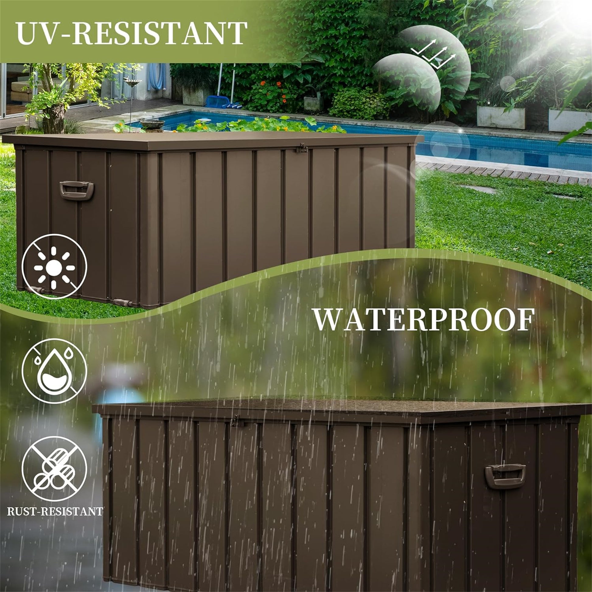 100 Gallon Outdoor Storage Deck Box Waterproof, Large Patio Storage Bin For Outside Cushions, Throw Pillows, Garden Tools, Lockable Dark Brown Dark Brown Steel