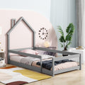 Twin Size Wood Bed With House Shaped Headboard Floor Bed With Fences,Grey Twin Grey Wood Bedroom American Design Pine Pine