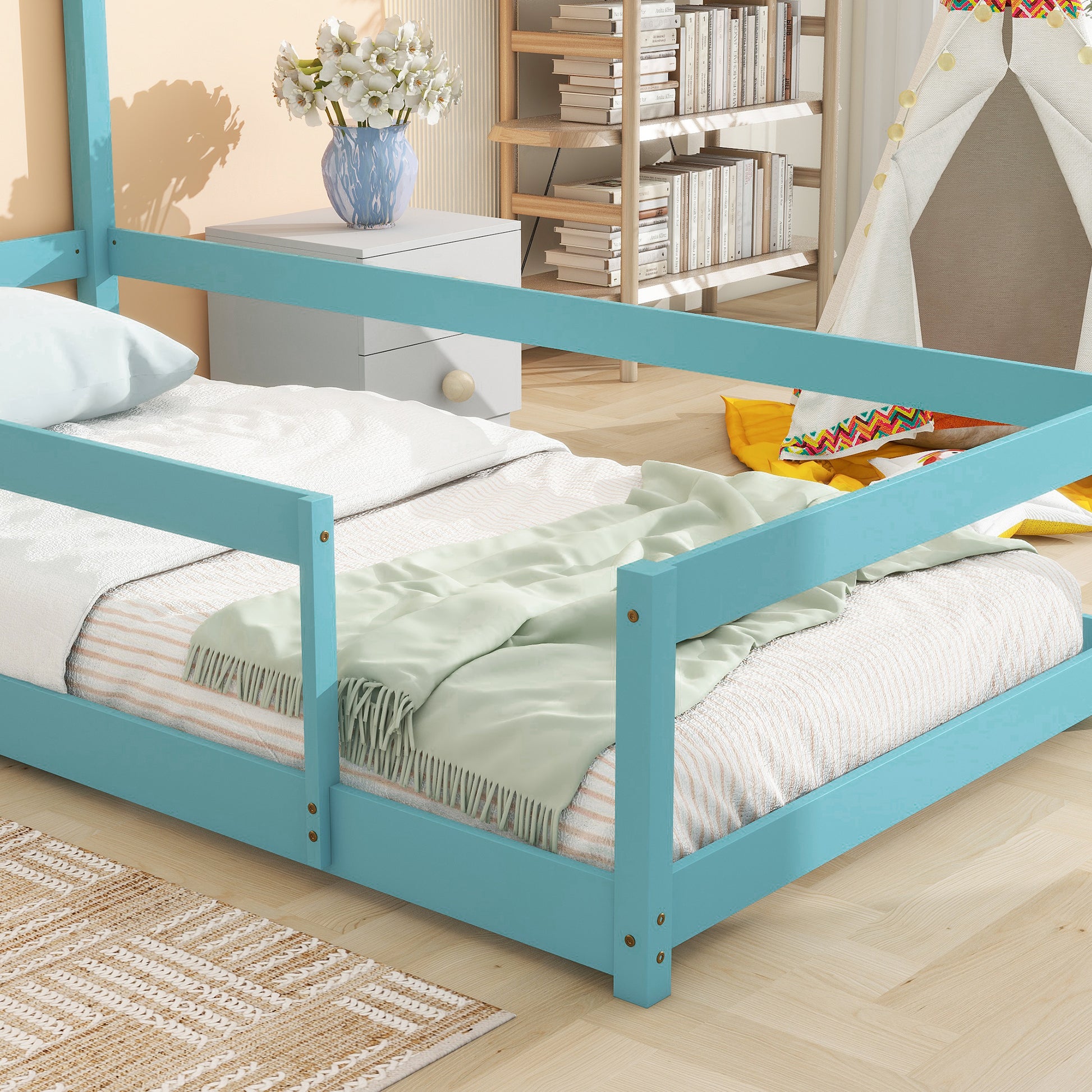 Twin Size Wood Bed With House Shaped Headboard Floor Bed With Fences,Light Blue Twin Light Blue Wood Bedroom American Design Pine Pine