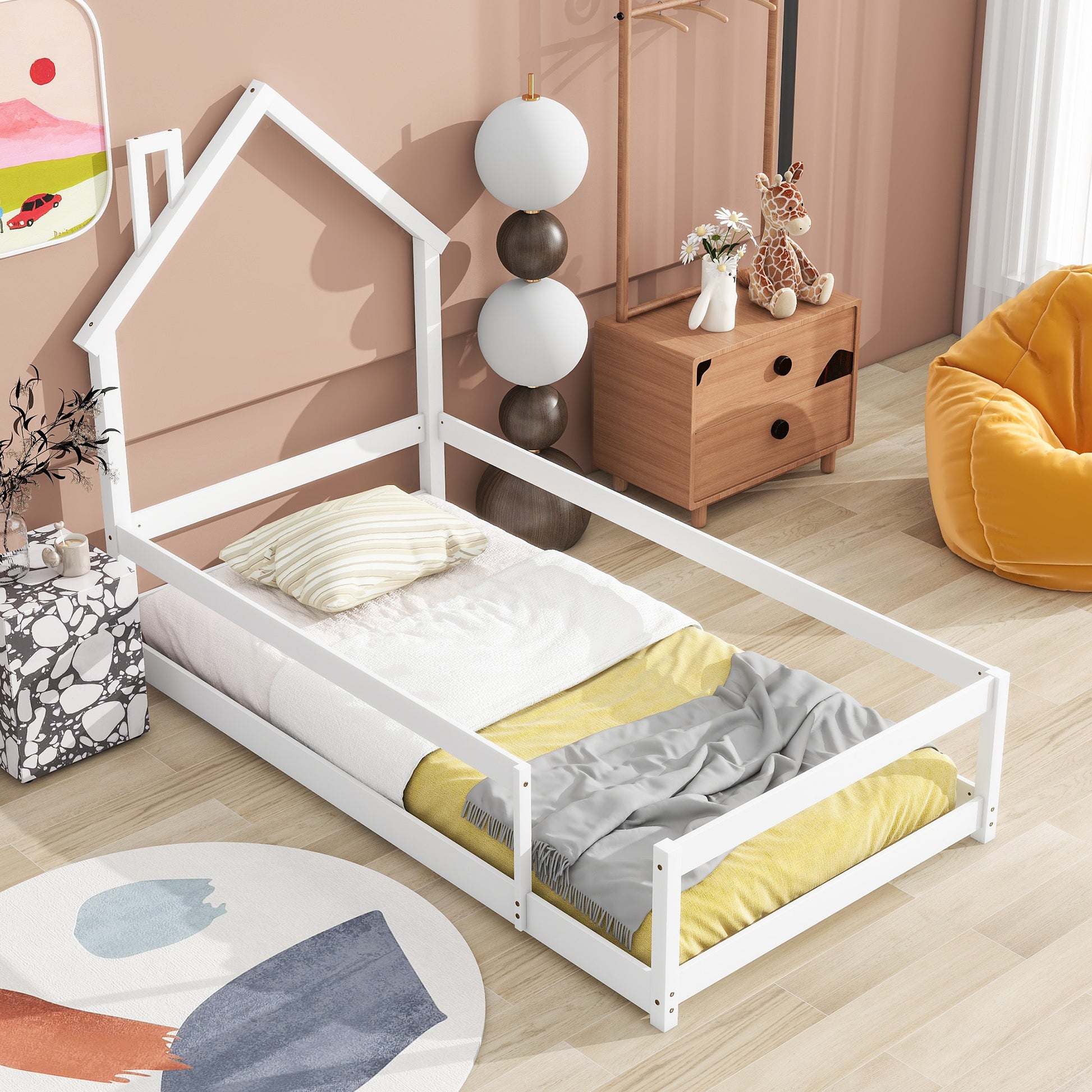 Twin Size Wood Bed With House Shaped Headboard Floor Bed With Fences,White Twin White Wood Bedroom American Design Pine Pine