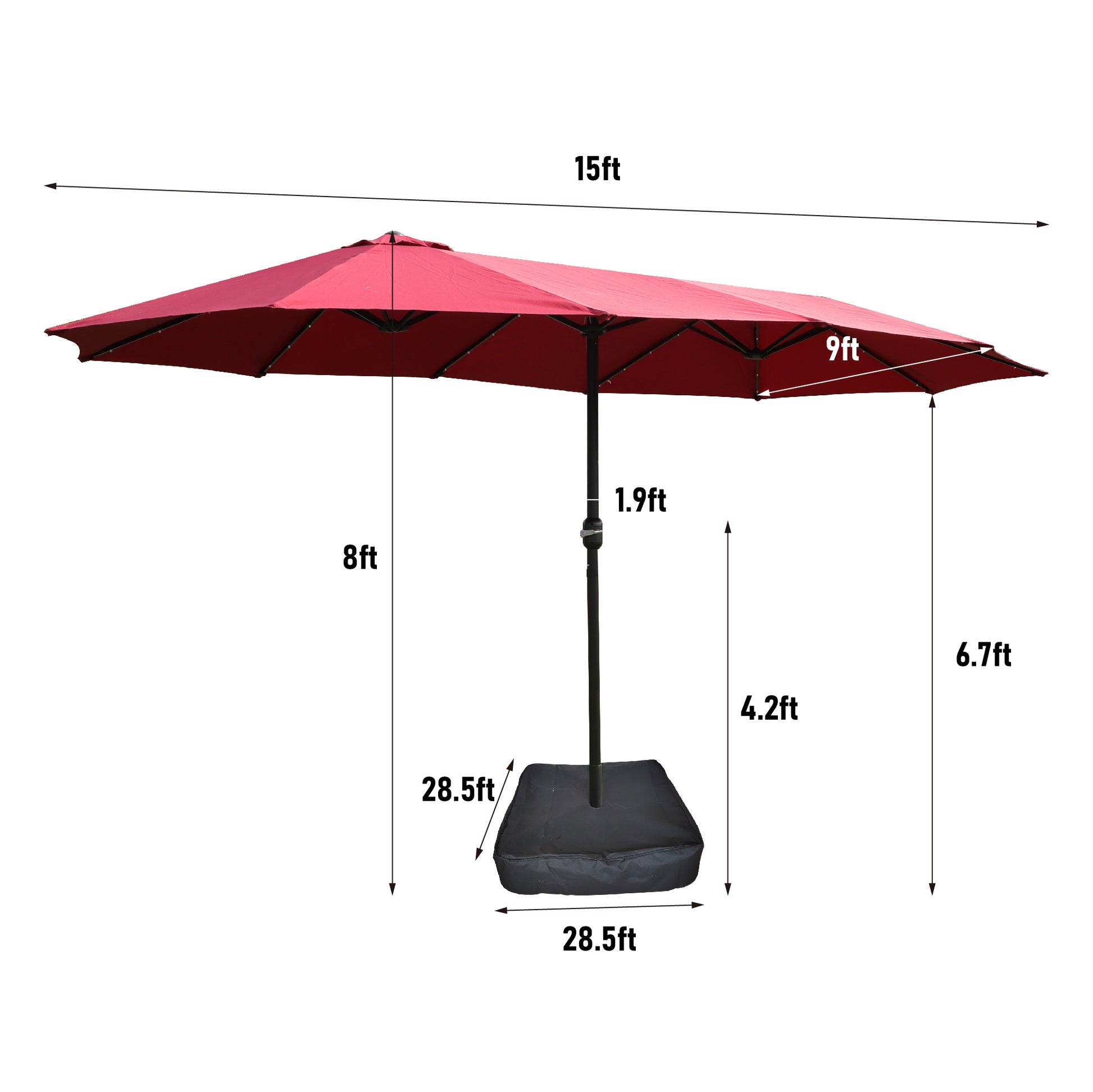 15X9Ft Large Double Sided Rectangular Outdoor Twin Patio Market Umbrella With Light And Base Red Red Metal