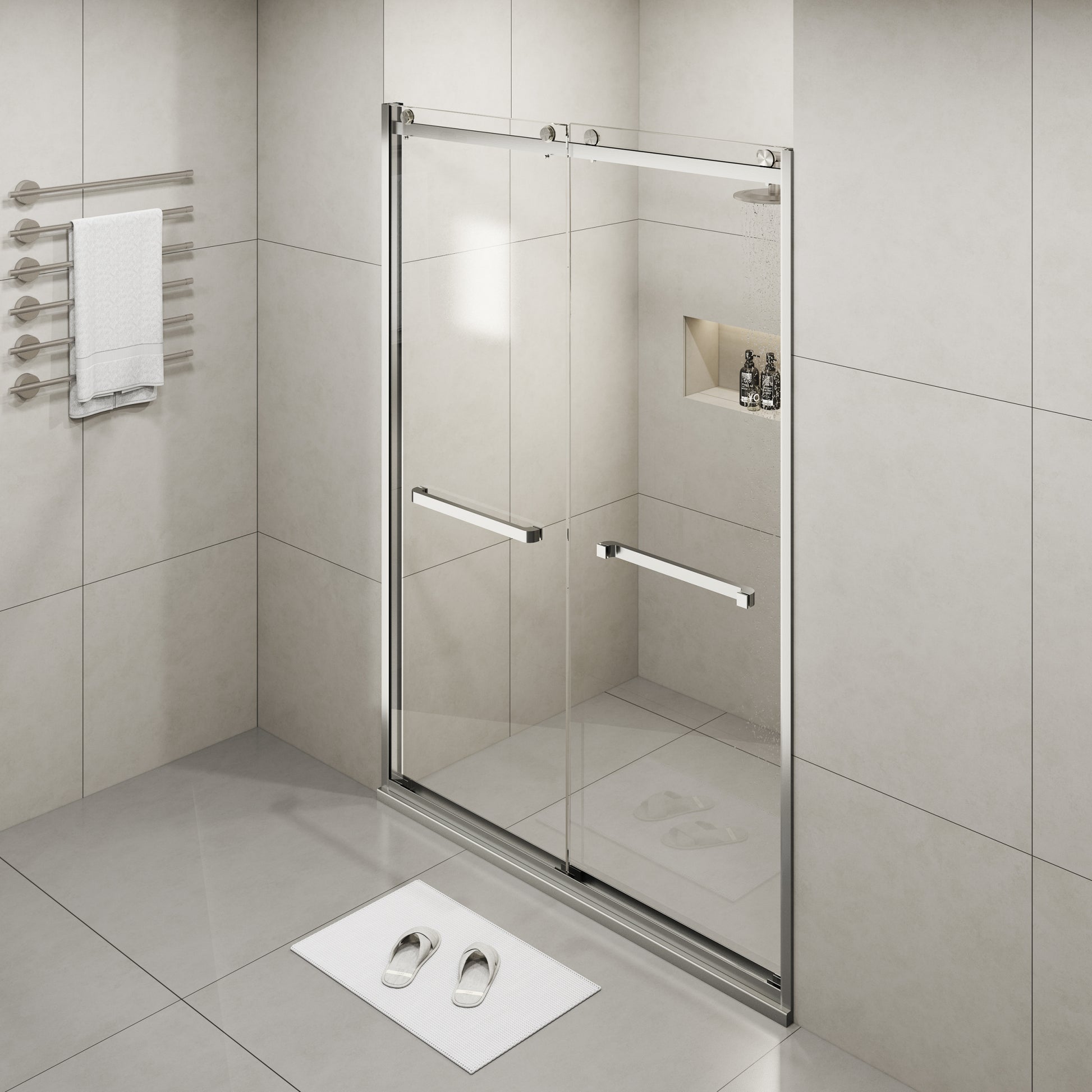 Frameless Double Sliding Glass Shower Doors, 60" Width X 76"Height With 3 8" 10Mm Clear Tempered Glass, Brushed Nickel Finish Brushed Nickel Bathroom American Design Glass Tempered Glass