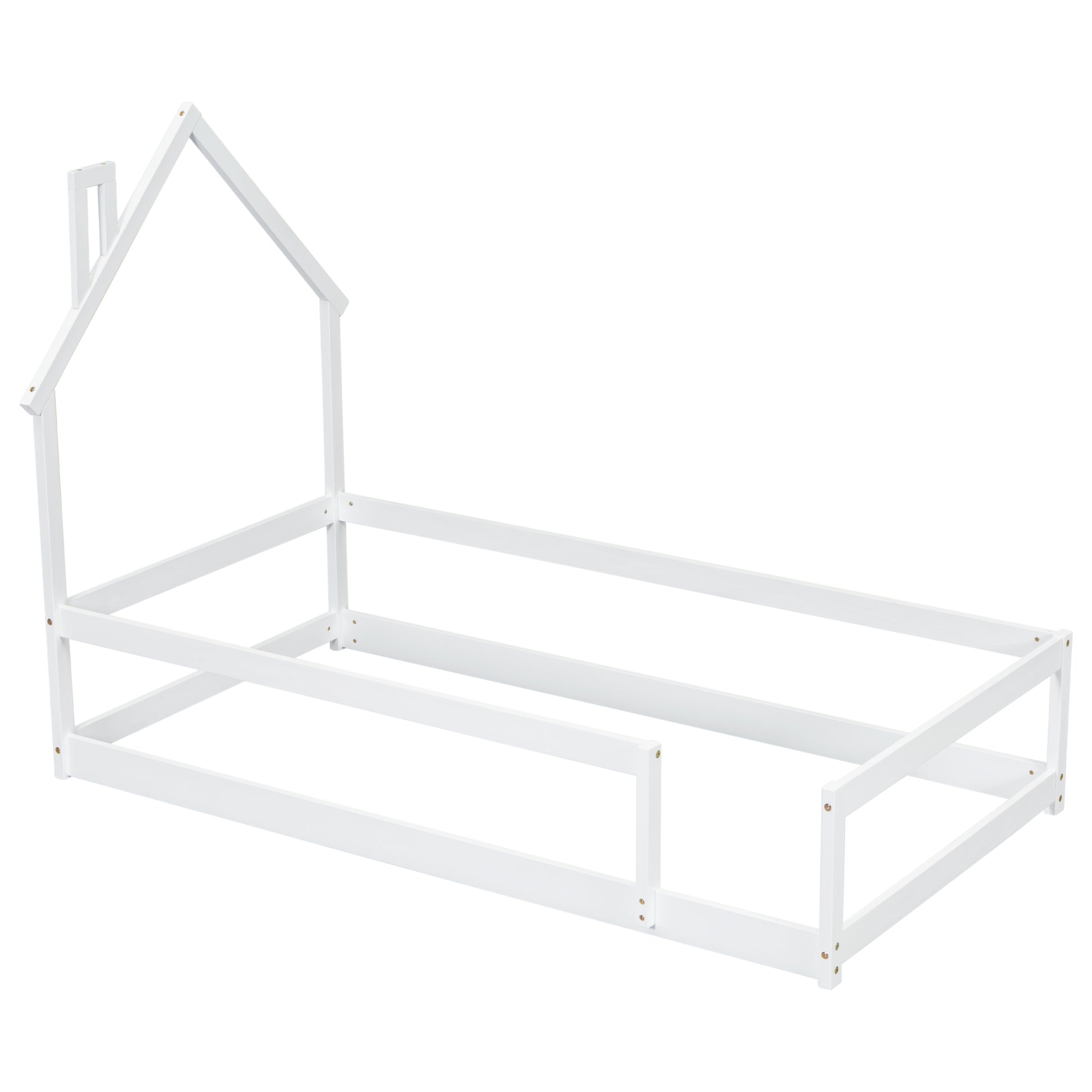 Twin Size Wood Bed With House Shaped Headboard Floor Bed With Fences,White Twin White Wood Bedroom American Design Pine Pine