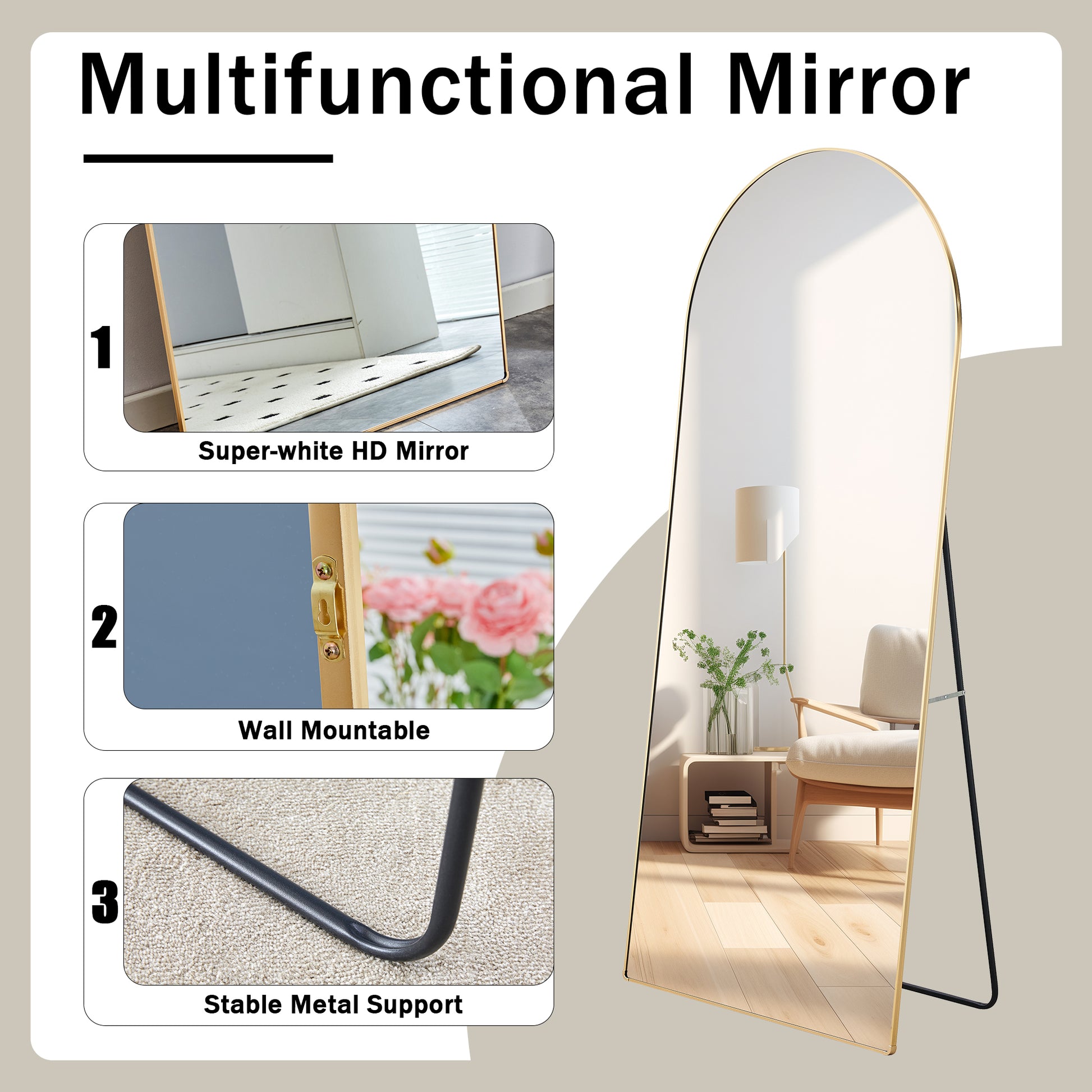 The 4Th Generation Floor Standing Full Length Rearview Mirror. Metal Framed Arched Wall Mirror, Bathroom Makeup Mirror, Floor Standing Mirror With Bracket. 71 "* 31" Am Transparent Glass