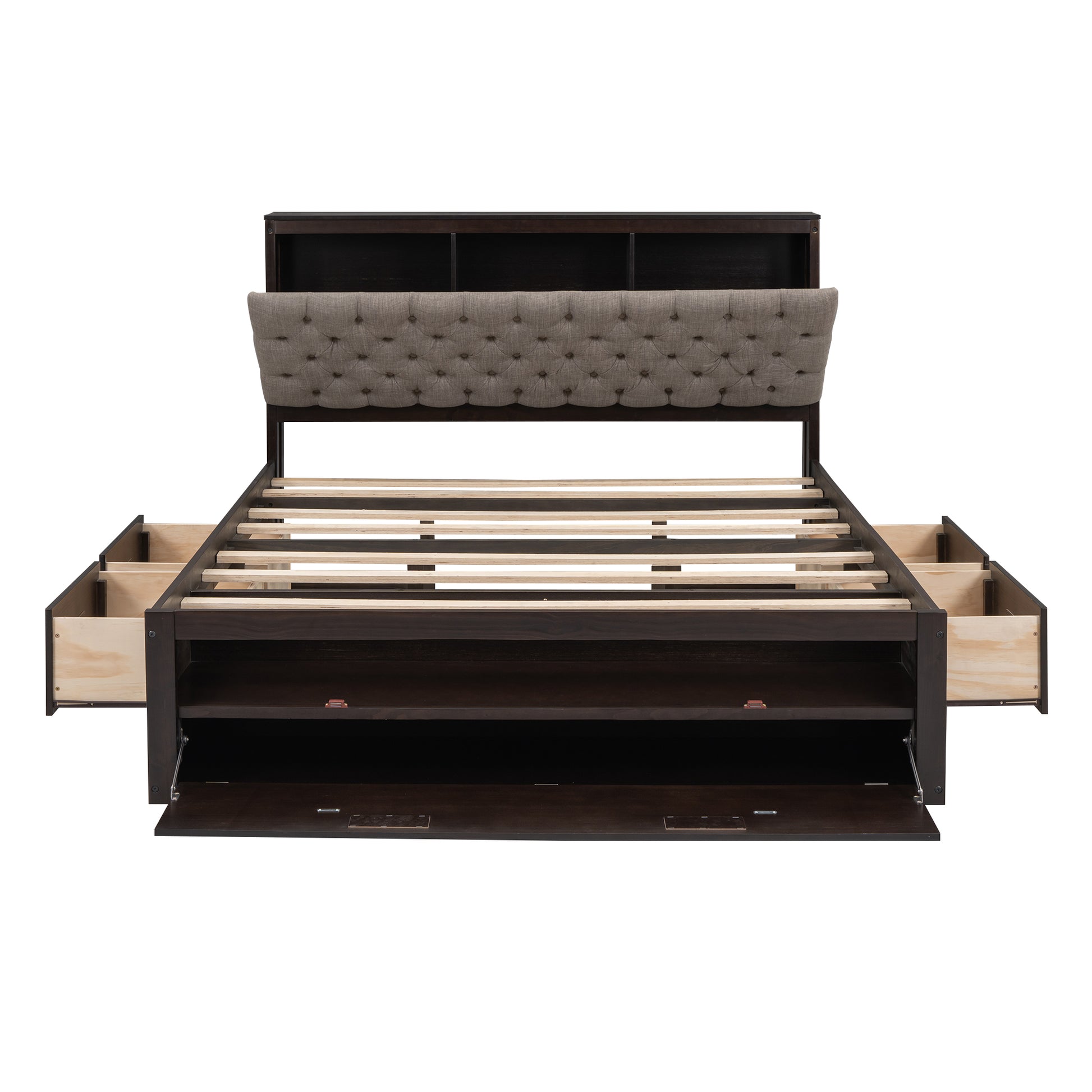 Wood Queen Size Platform Bed With Storage Headboard, Shoe Rack And 4 Drawers,Espresso Box Spring Not Required Queen Espresso Wood Bedroom Bed Frame Solid Wood Mdf