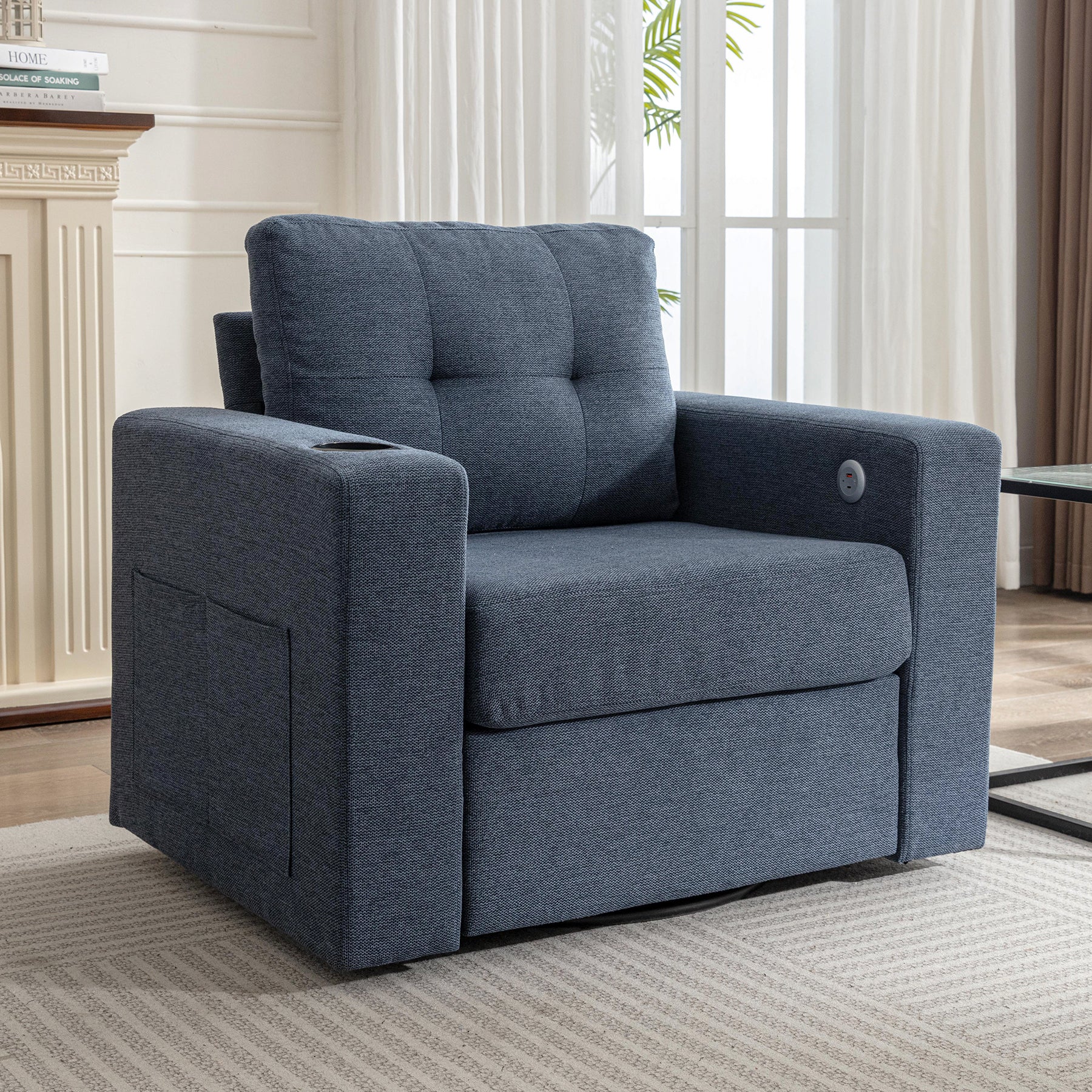 Modern Swivel Accent Sofa Chairergonomic Casual 90 Degree Swivel Single Sofa Seat With Drink Holder Living Room Chair ,Soft Egyptian Velvet Sofa Chair Blue Brown Wood Primary Living Space Delicate Duty Pine 1 Seat Blue Linen Soft Cushion Back Art