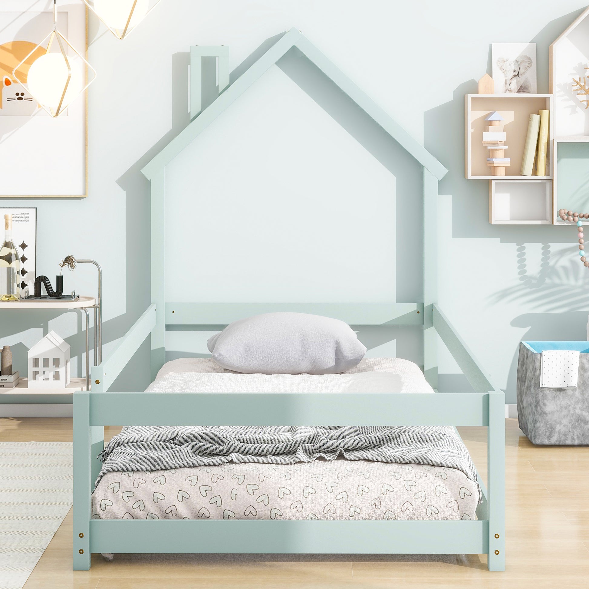 Twin Size Wood Bed With House Shaped Headboard Floor Bed With Fences,Light Green Twin Light Green Wood Bedroom American Design Pine Pine