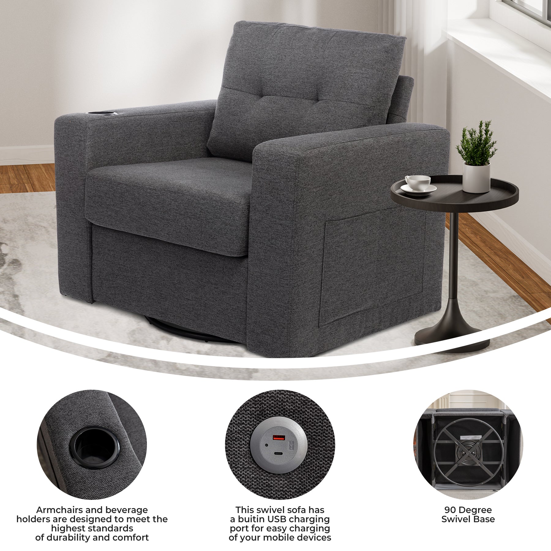 Modern Swivel Accent Sofa Chair, Ergonomic Casual 90 Degree Swivel Single Sofa Seat With Drink Holder Living Room Chair ,Soft Egyptian Velvet Sofa Chair Grey Brown Wood Primary Living Space Delicate Duty Pine 1 Seat Grey Linen Soft Cushion Back Art