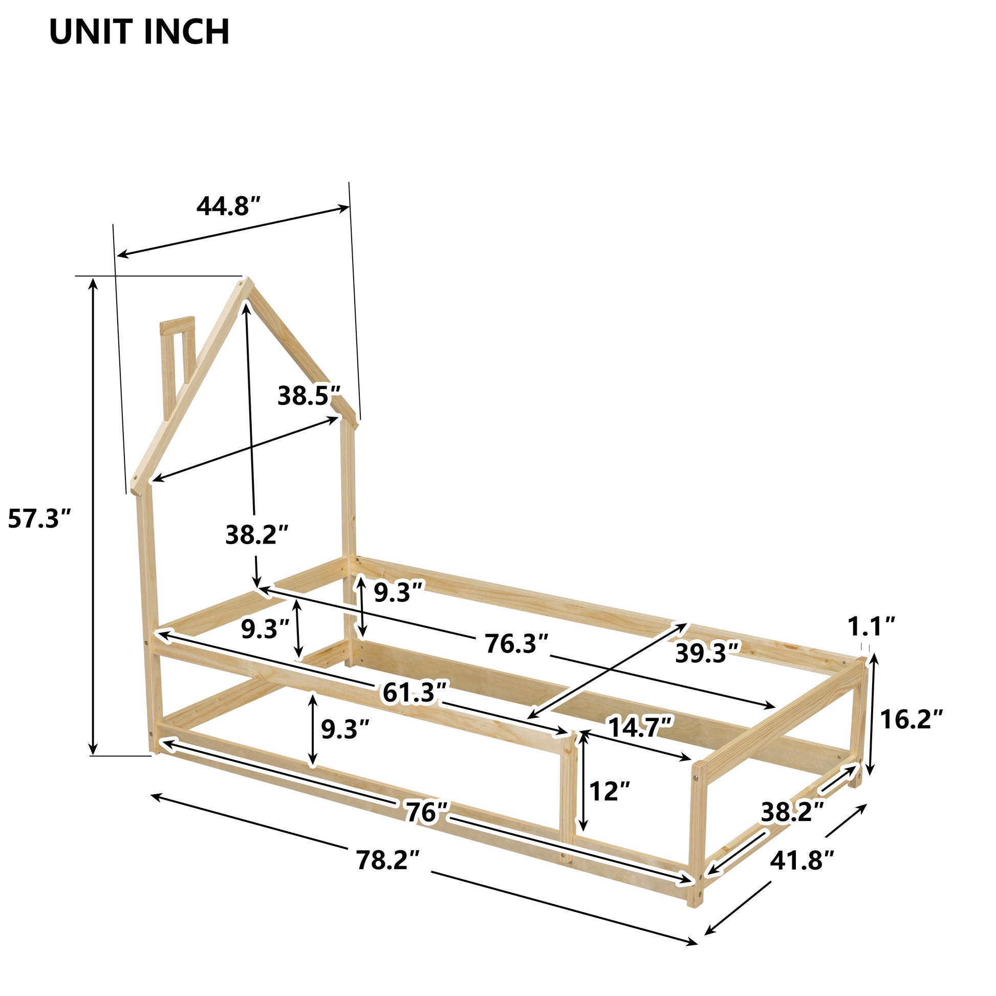 Twin Size Wood Bed With House Shaped Headboard Floor Bed With Fences,Natural Twin Natural Wood Bedroom American Design Pine Pine