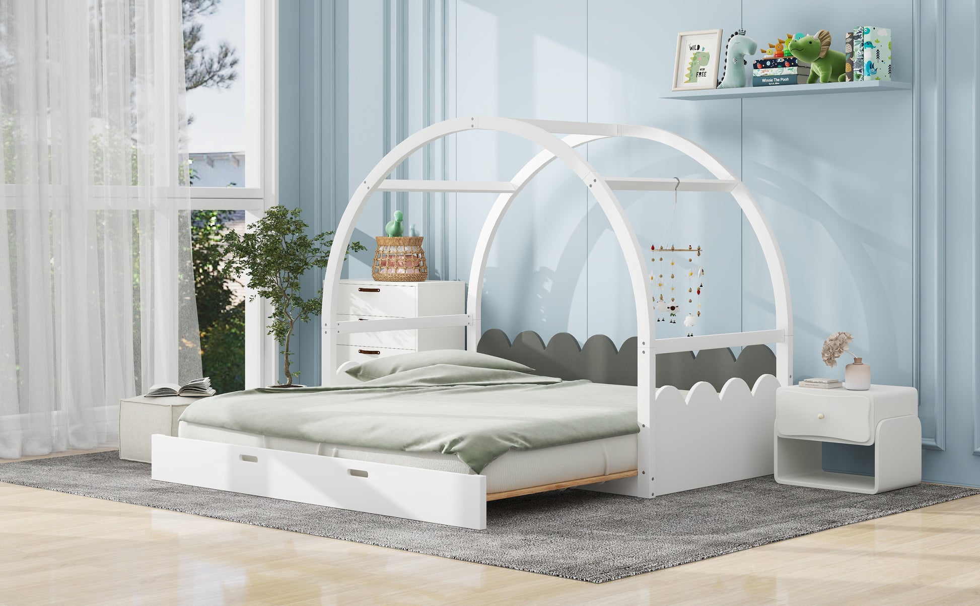 Twin Size Stretchable Vaulted Roof Bed, Children'S Bed Pine Wood Frame, White Gray Box Spring Not Required Twin White Gray Wood Daybeds Pine