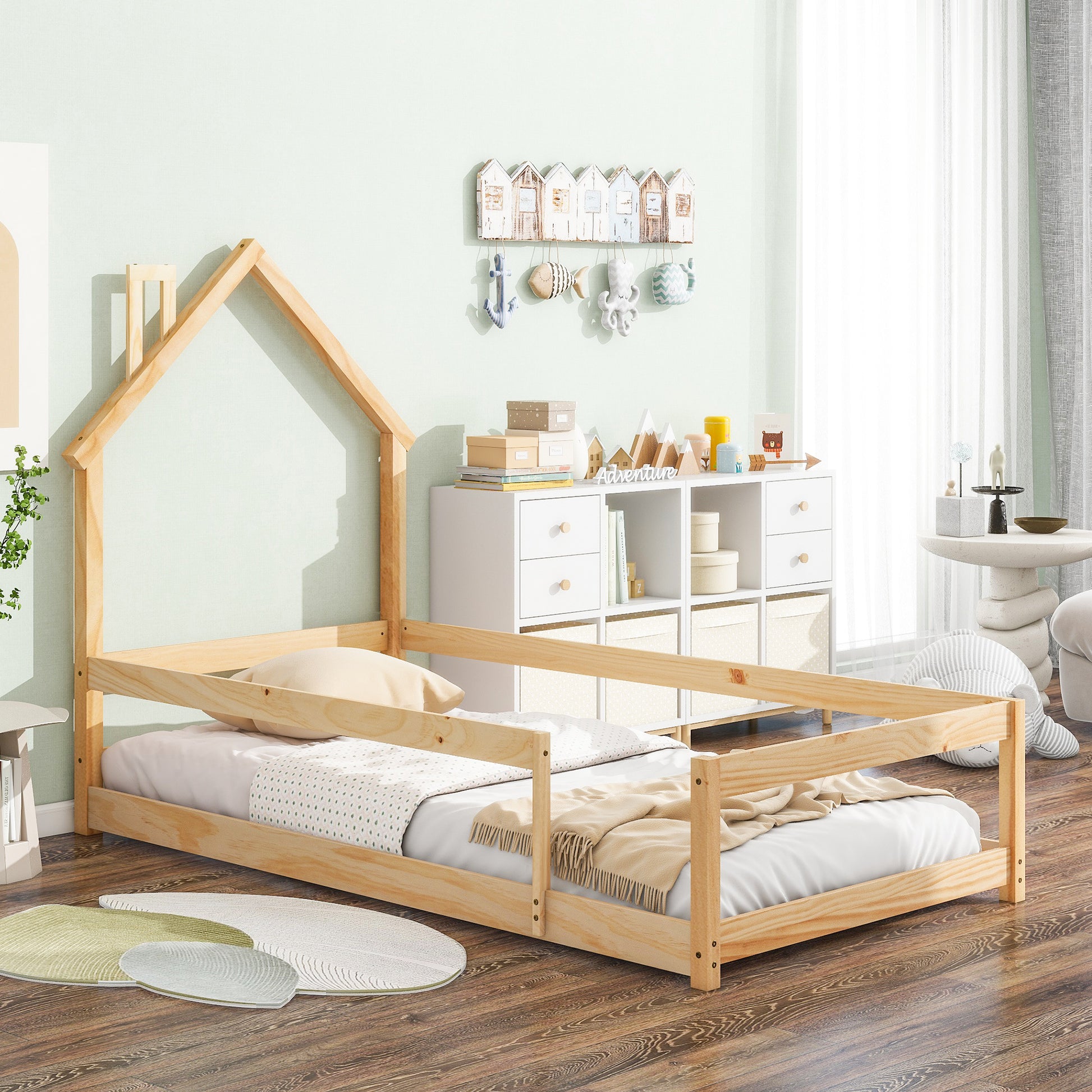 Twin Size Wood Bed With House Shaped Headboard Floor Bed With Fences,Natural Twin Natural Wood Bedroom American Design Pine Pine