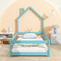 Twin Size Wood Bed With House Shaped Headboard Floor Bed With Fences,Light Blue Twin Light Blue Wood Bedroom American Design Pine Pine