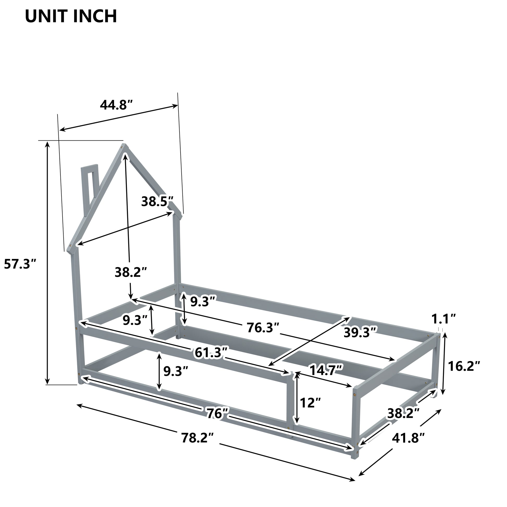 Twin Size Wood Bed With House Shaped Headboard Floor Bed With Fences,Grey Twin Grey Wood Bedroom American Design Pine Pine