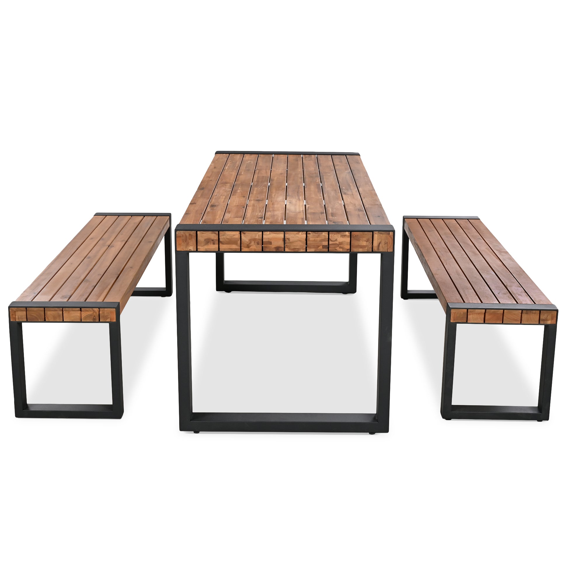 3 Pieces Outdoor Dining Table With 2 Benches, Patio Dining Set With Unique Top Texture, Acacia Wood Top & Steel Frame, All Weather Use, For Outdoor & Indoor, Natural No Acacia Wood Garden & Outdoor