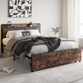 Queen Size Bed Frame, Storage Headboard With Charging Station And 2 Drawers, Solid And Stable, Noise Free, No Box Spring Needed, Easy Assembly, Vintage Brown And Gray Box Spring Not Required Queen Black Iron Brown Bedroom Bed Frame Metal & Wood