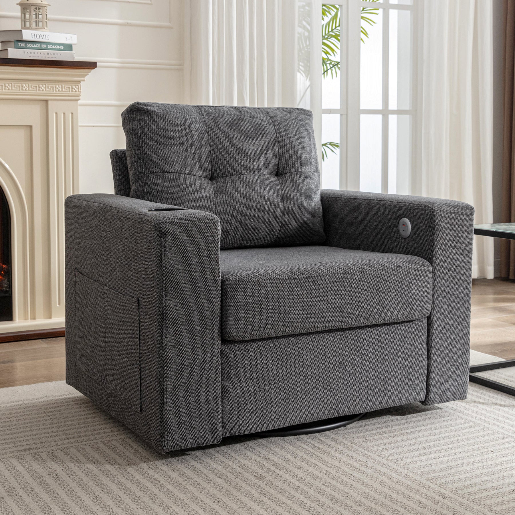 Modern Swivel Accent Sofa Chair, Ergonomic Casual 90 Degree Swivel Single Sofa Seat With Drink Holder Living Room Chair ,Soft Egyptian Velvet Sofa Chair Grey Brown Wood Primary Living Space Delicate Duty Pine 1 Seat Grey Linen Soft Cushion Back Art