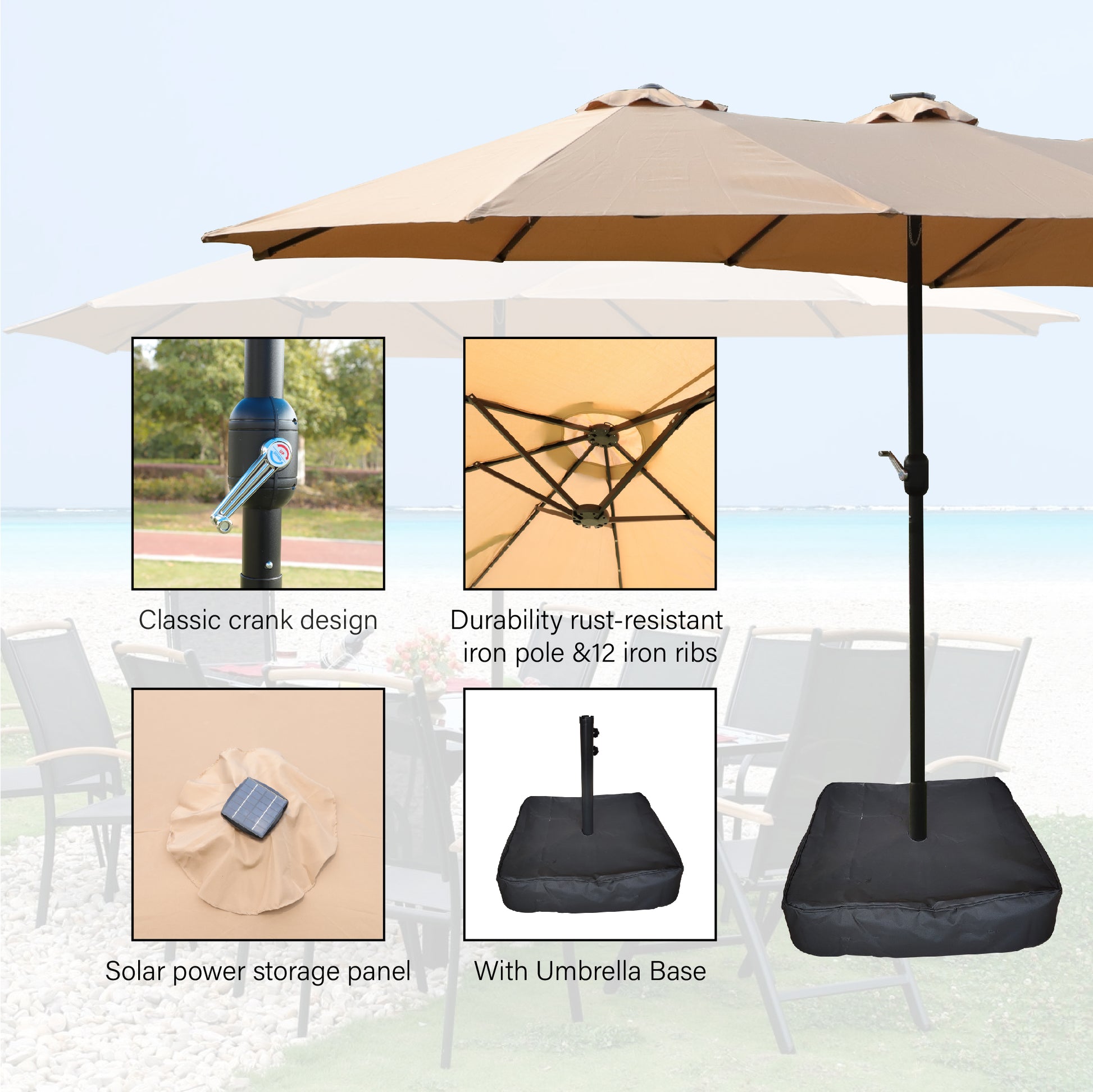 15X9Ft Large Double Sided Rectangular Outdoor Twin Patio Market Umbrella With Light And Base Taupe Taupe Metal