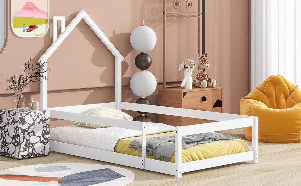 Twin Size Wood Bed With House Shaped Headboard Floor Bed With Fences,White Twin White Wood Bedroom American Design Pine Pine