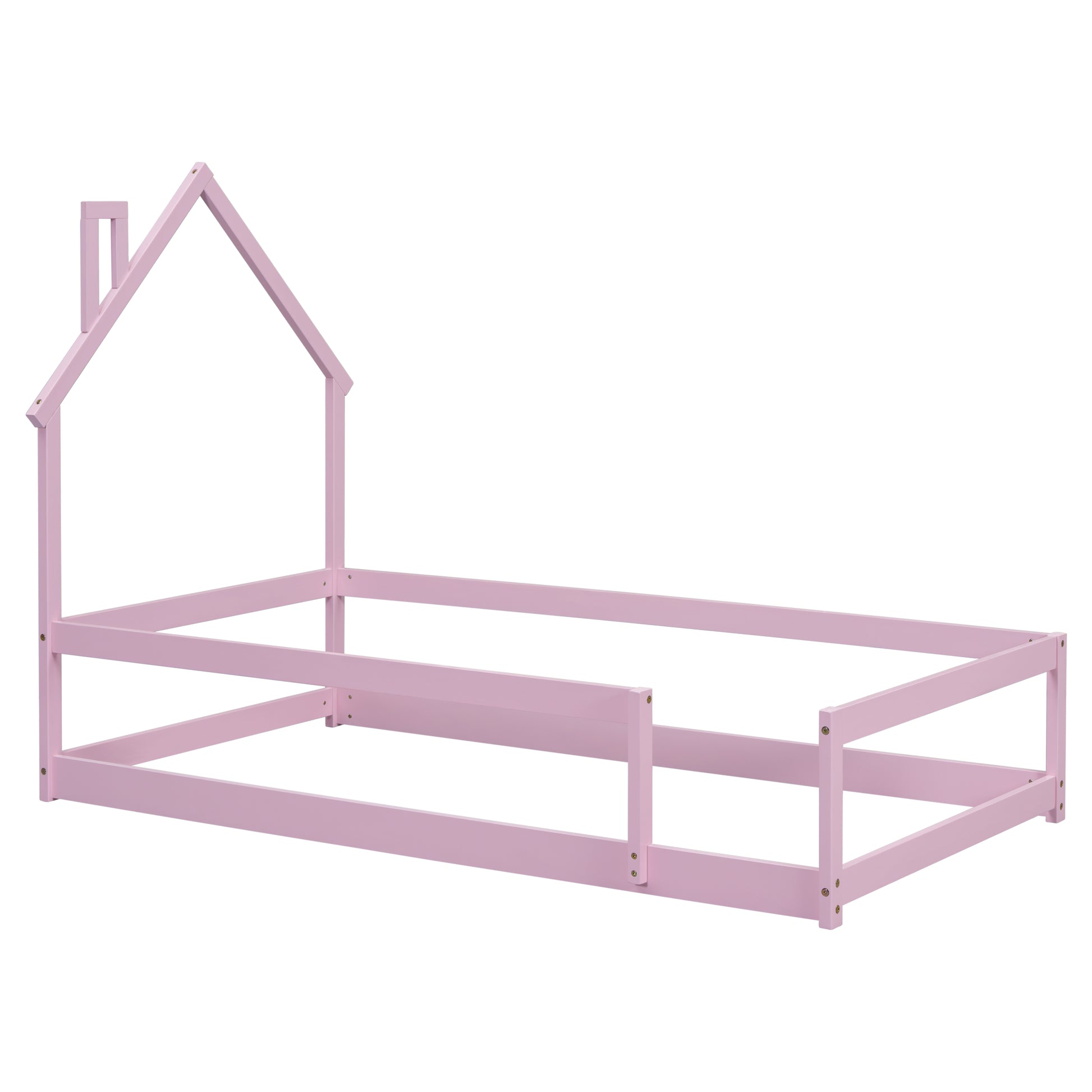 Twin Size Wood Bed With House Shaped Headboard Floor Bed With Fences,Pink Twin Pink Wood Bedroom American Design Pine Pine