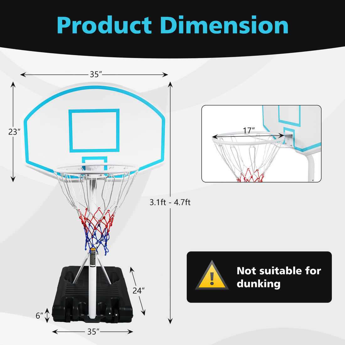 Poolside Basketball Hoop Portable Swimming Pool Basketball System Height Adjustable 3.1Ft 4.7Ft With 36" Backboard For Indoor Outdoor Use Blue Balls Sports Blue Portable Garden & Outdoor Iron Plastic