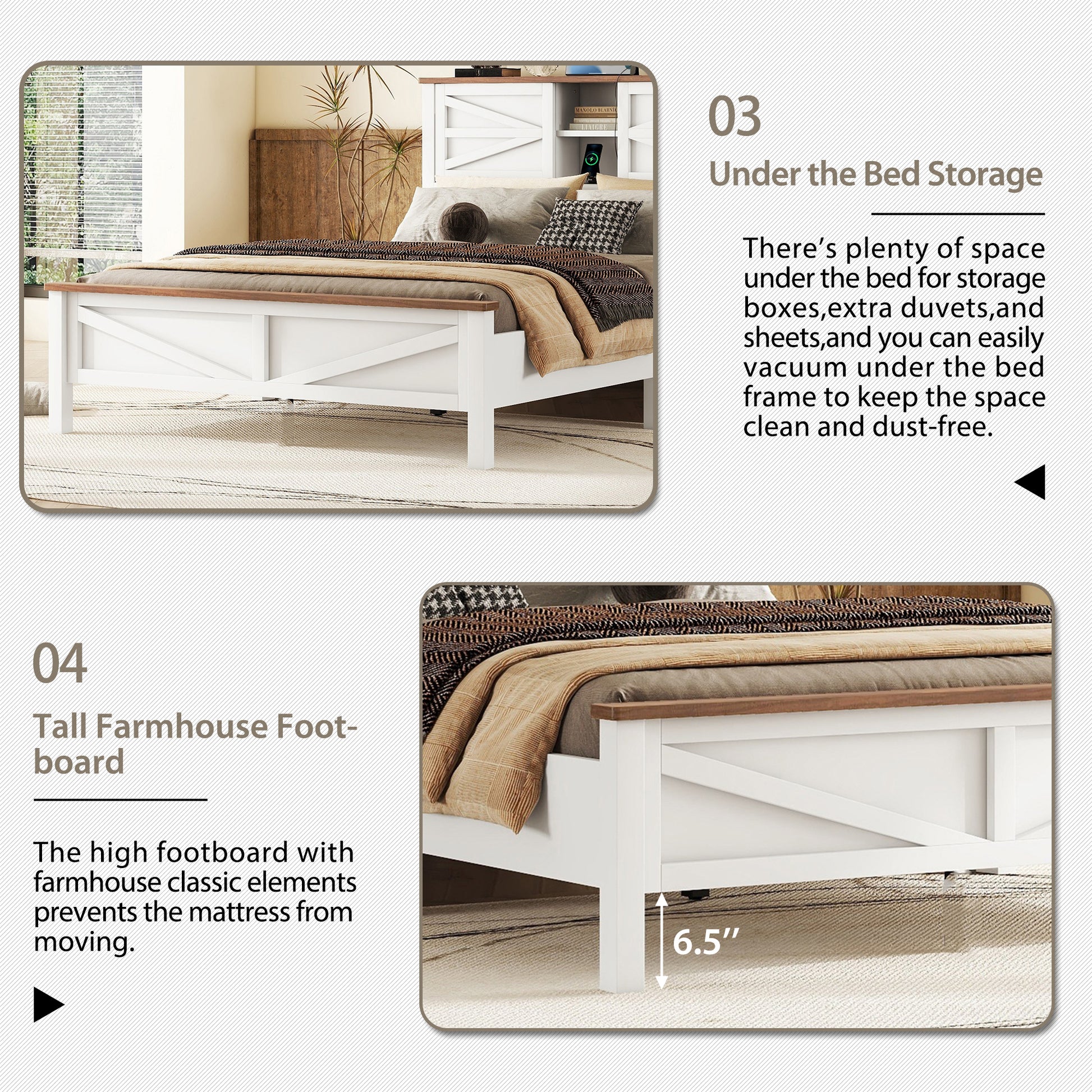 Farmhouse Platform Bed With Double Sliding Barn Door, Queen Size Rustic Wood Bed Withcharging Station, Wood Slats Support, White Brown White Particle Board