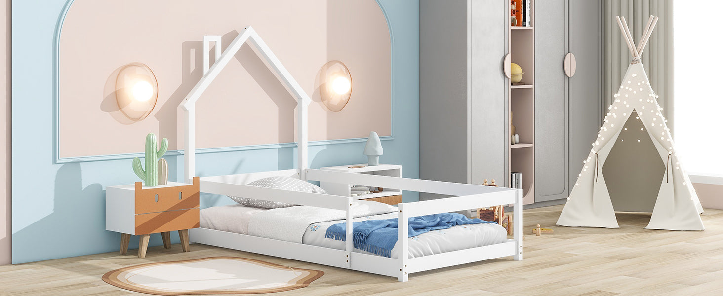 Twin Size Wood Bed With House Shaped Headboard Floor Bed With Fences,White Twin White Wood Bedroom American Design Pine Pine