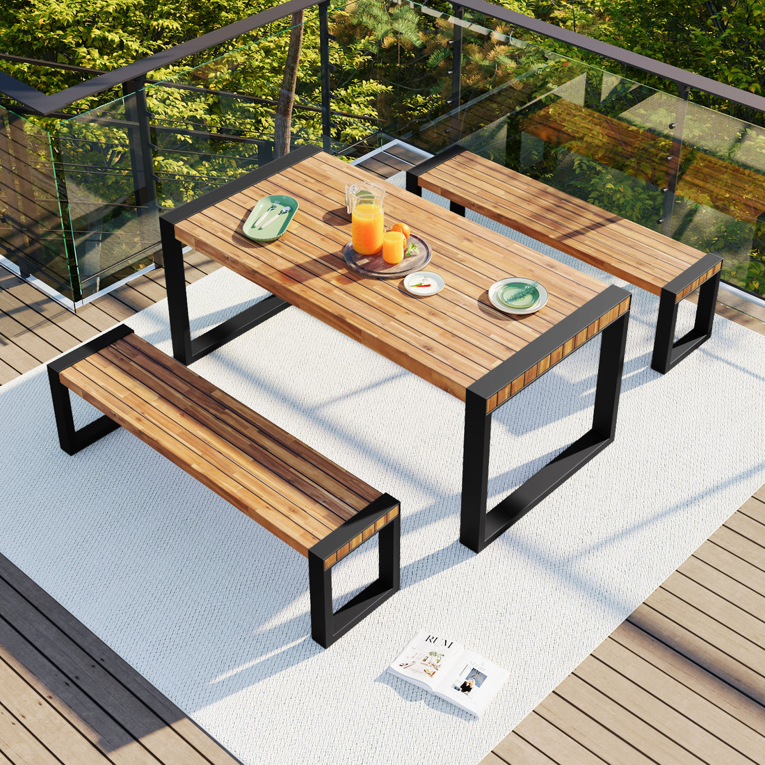 3 Pieces Outdoor Dining Table With 2 Benches, Patio Dining Set With Unique Top Texture, Acacia Wood Top & Steel Frame, All Weather Use, For Outdoor & Indoor, Natural No Acacia Wood Garden & Outdoor