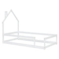 Twin Size Wood Bed With House Shaped Headboard Floor Bed With Fences,White Twin White Wood Bedroom American Design Pine Pine