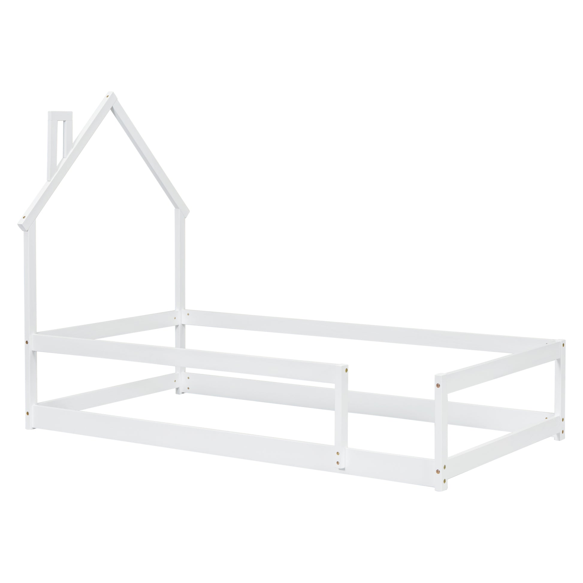 Twin Size Wood Bed With House Shaped Headboard Floor Bed With Fences,White Twin White Wood Bedroom American Design Pine Pine