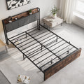 Queen Size Bed Frame, Storage Headboard With Charging Station And 2 Drawers, Solid And Stable, Noise Free, No Box Spring Needed, Easy Assembly, Vintage Brown And Gray Box Spring Not Required Queen Black Iron Brown Bedroom Bed Frame Metal & Wood