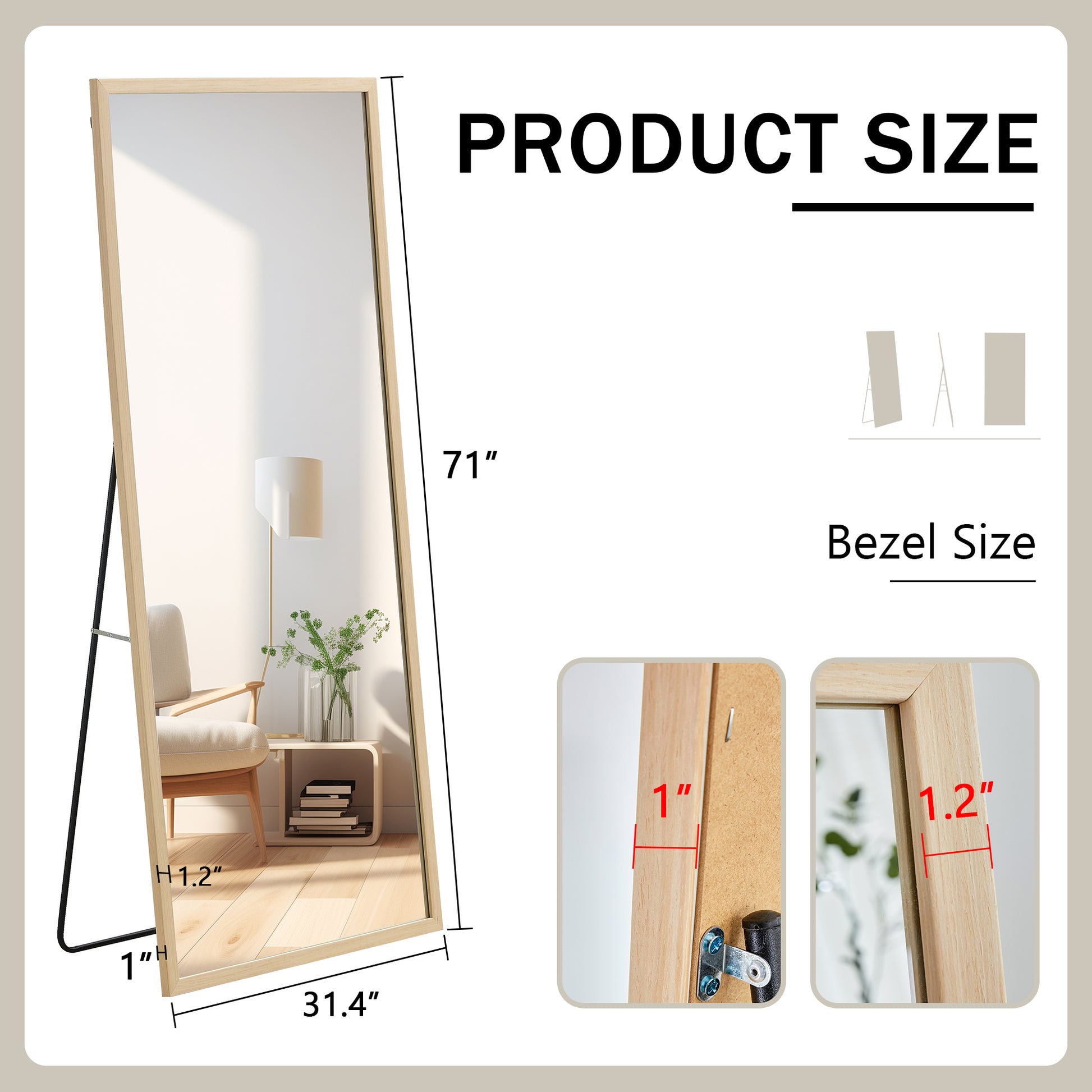 Fourth Generation Solid Wood Frame Full Length Mirror, Dressing Mirror, Bedroom Porch, Decorative Mirror, Clothing Store, Floor Standing Large Mirror, Wall Mounted. 71 "* 31.5" Transparent Glass