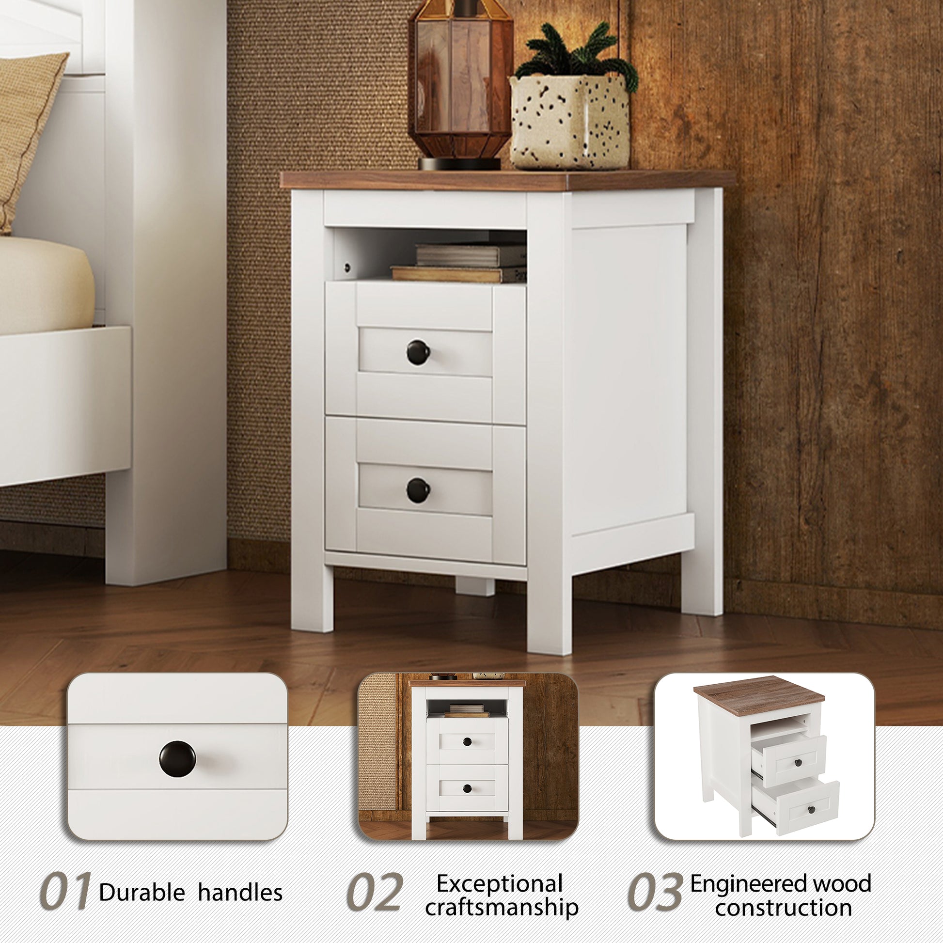 3 Pieces Bedroom Sets Queen Size Farmhouse Platform Bed With Double Sliding Door Storage Headboard, Storage Nightstand And Dresser, White Brown Queen White 3 Piece Set Particle Board