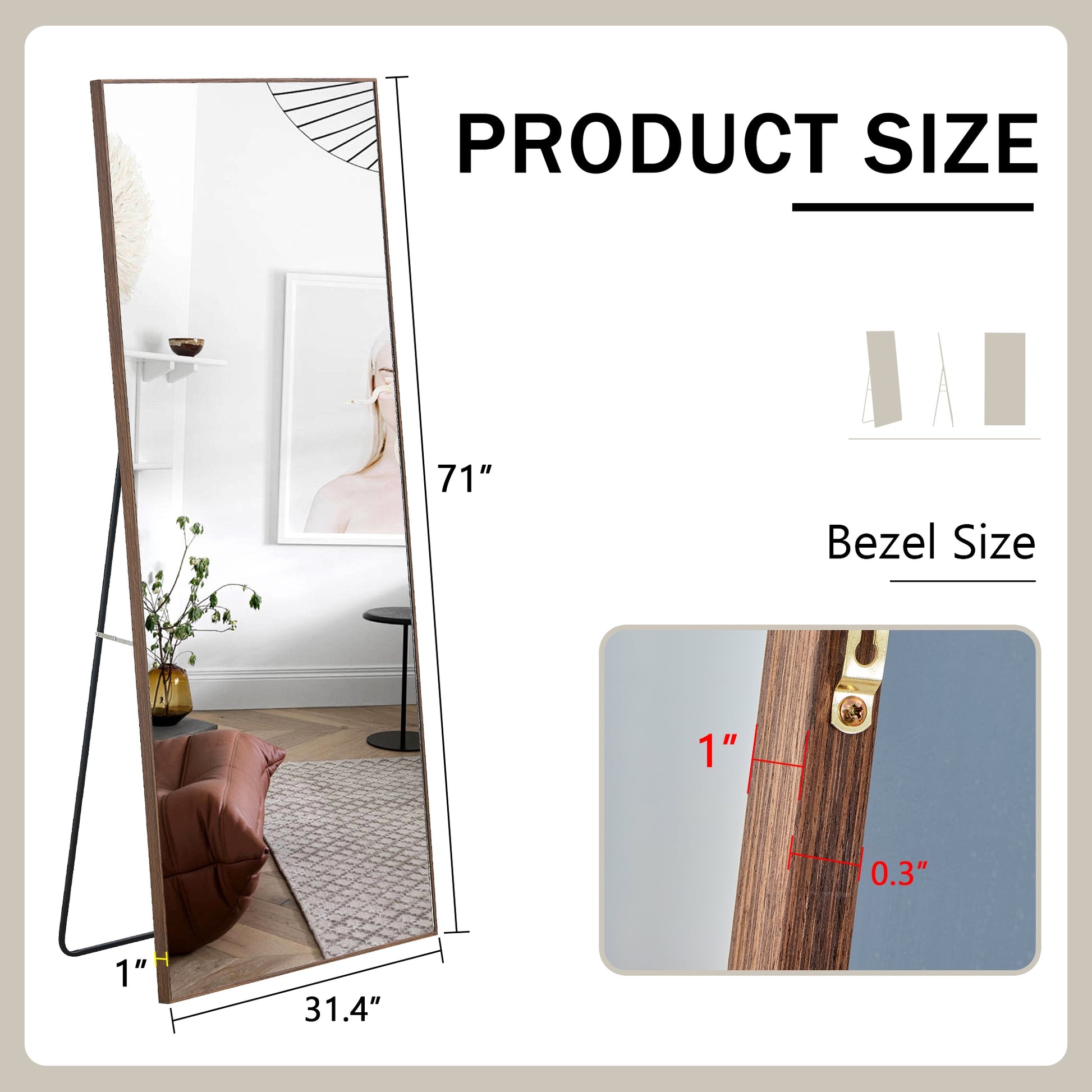 Fourth Generation Solid Wood Frame Long Mirror, Dressing Mirror, Bedroom Foyer, Decorative Mirror, Clothing Store, Floor To Ceiling Mirror, Wall Mounted. 71 "* 31.4" Transparent Glass