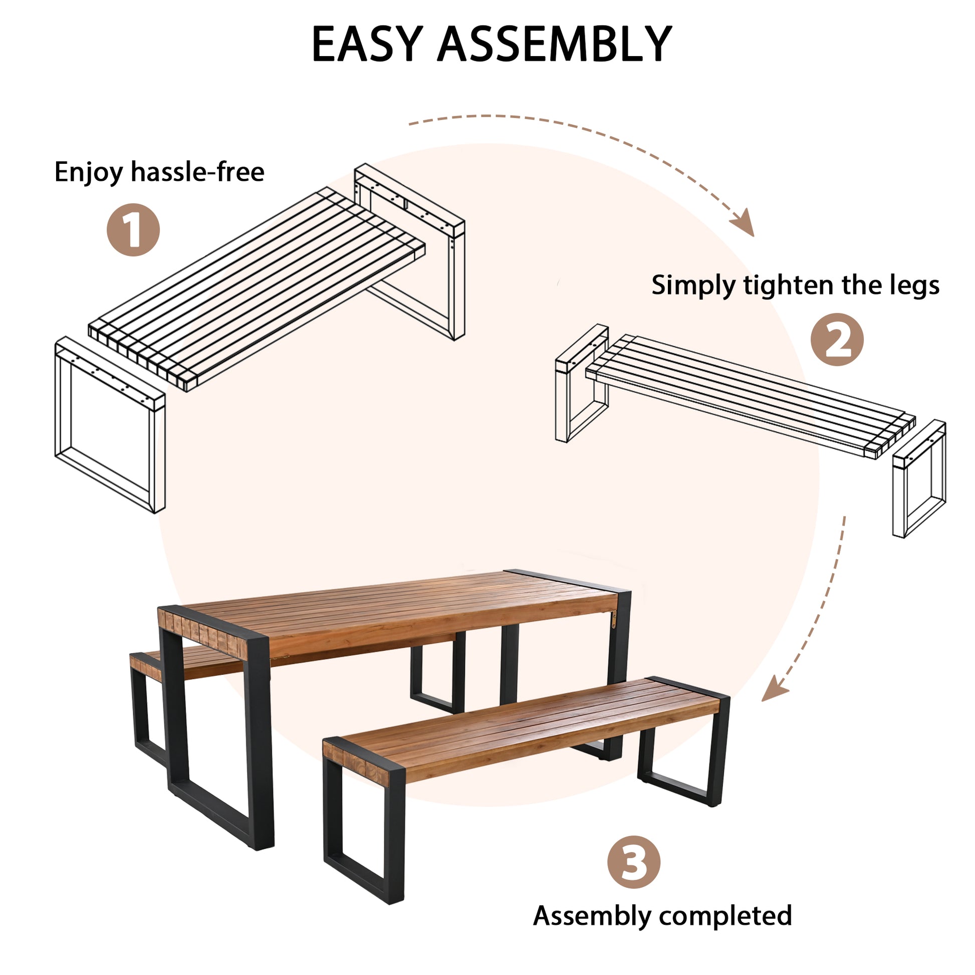 3 Pieces Outdoor Dining Table With 2 Benches, Patio Dining Set With Unique Top Texture, Acacia Wood Top & Steel Frame, All Weather Use, For Outdoor & Indoor, Natural No Acacia Wood Garden & Outdoor