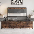 Queen Size Bed Frame, Storage Headboard With Charging Station And 2 Drawers, Solid And Stable, Noise Free, No Box Spring Needed, Easy Assembly, Vintage Brown And Gray Box Spring Not Required Queen Black Iron Brown Bedroom Bed Frame Metal & Wood