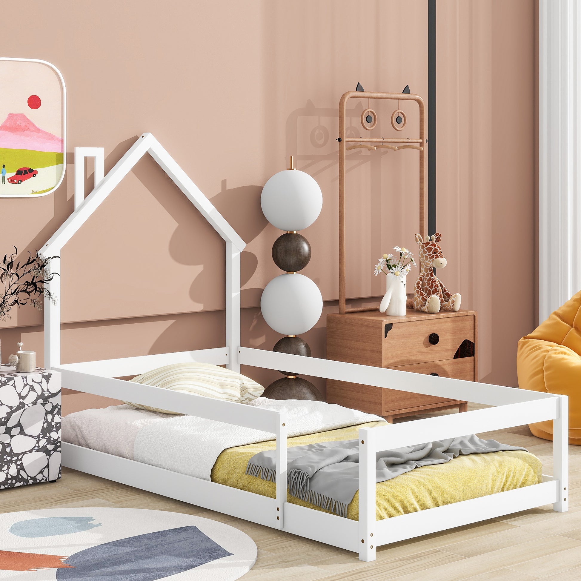 Twin Size Wood Bed With House Shaped Headboard Floor Bed With Fences,White Twin White Wood Bedroom American Design Pine Pine