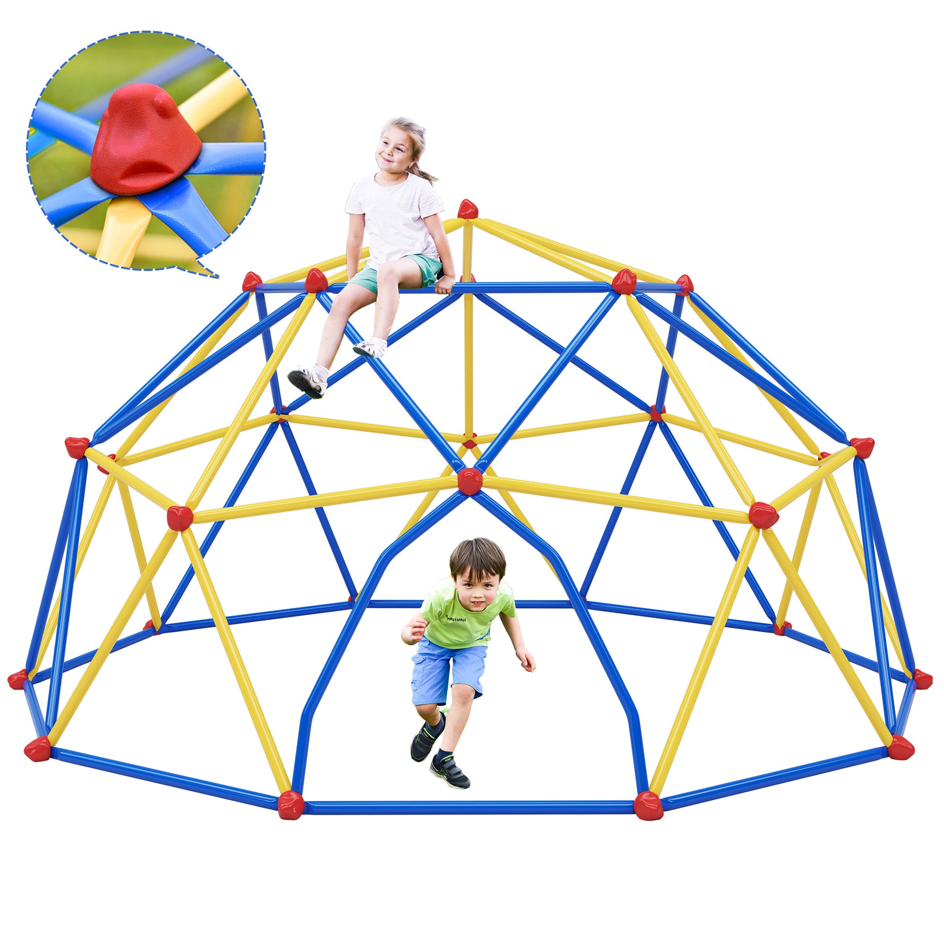 10Ft Geometric Dome Climber Play Center, Kids Climbing Dome Tower With Hammock, Rust & Uv Resistant Steel Supporting 1000 Lbs Blue Yellow Metal