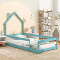 Twin Size Wood Bed With House Shaped Headboard Floor Bed With Fences,Light Blue Twin Light Blue Wood Bedroom American Design Pine Pine