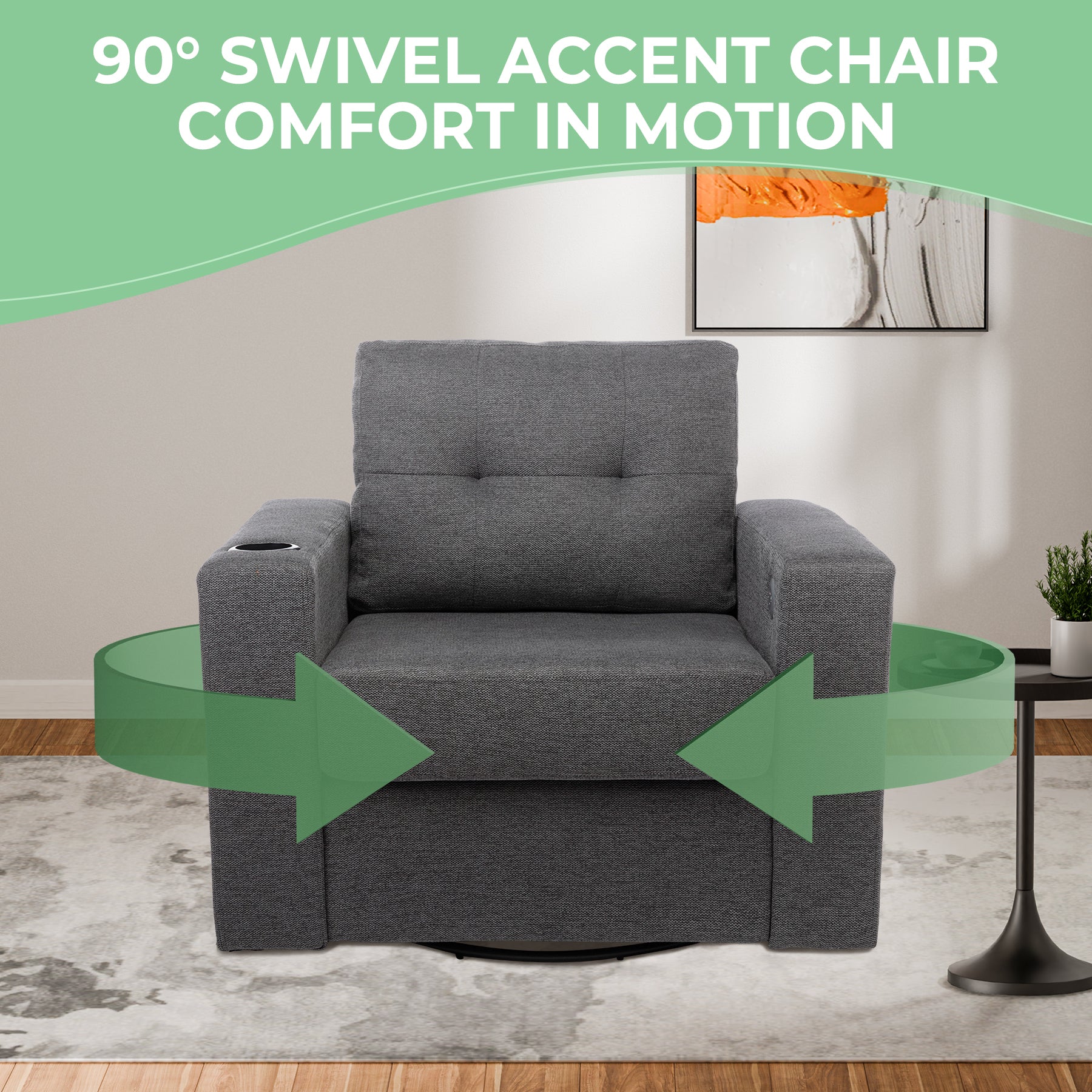 Modern Swivel Accent Sofa Chair, Ergonomic Casual 90 Degree Swivel Single Sofa Seat With Drink Holder Living Room Chair ,Soft Egyptian Velvet Sofa Chair Grey Brown Wood Primary Living Space Delicate Duty Pine 1 Seat Grey Linen Soft Cushion Back Art