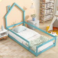 Twin Size Wood Bed With House Shaped Headboard Floor Bed With Fences,Light Blue Twin Light Blue Wood Bedroom American Design Pine Pine