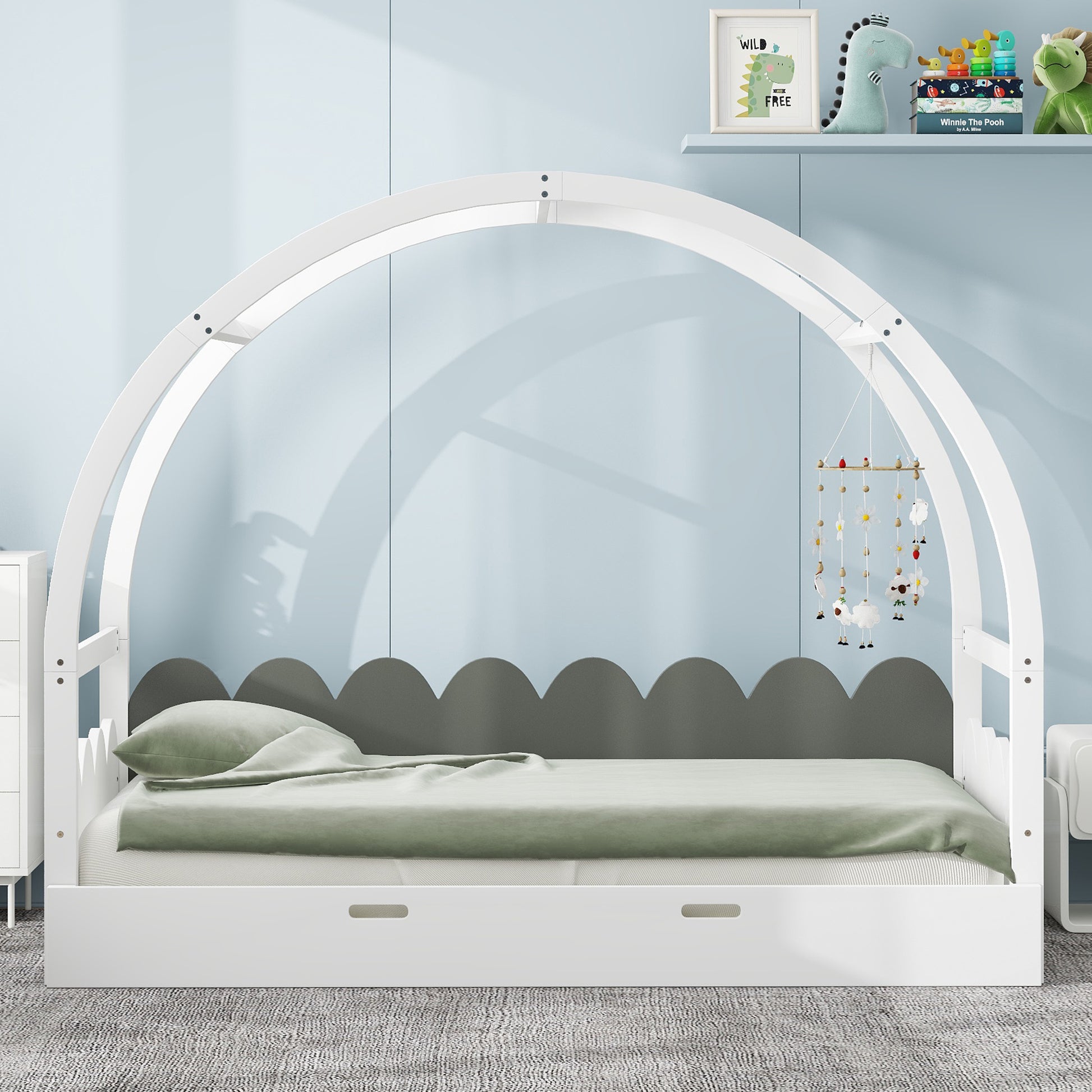 Twin Size Stretchable Vaulted Roof Bed, Children'S Bed Pine Wood Frame, White Gray Box Spring Not Required Twin White Gray Wood Daybeds Pine