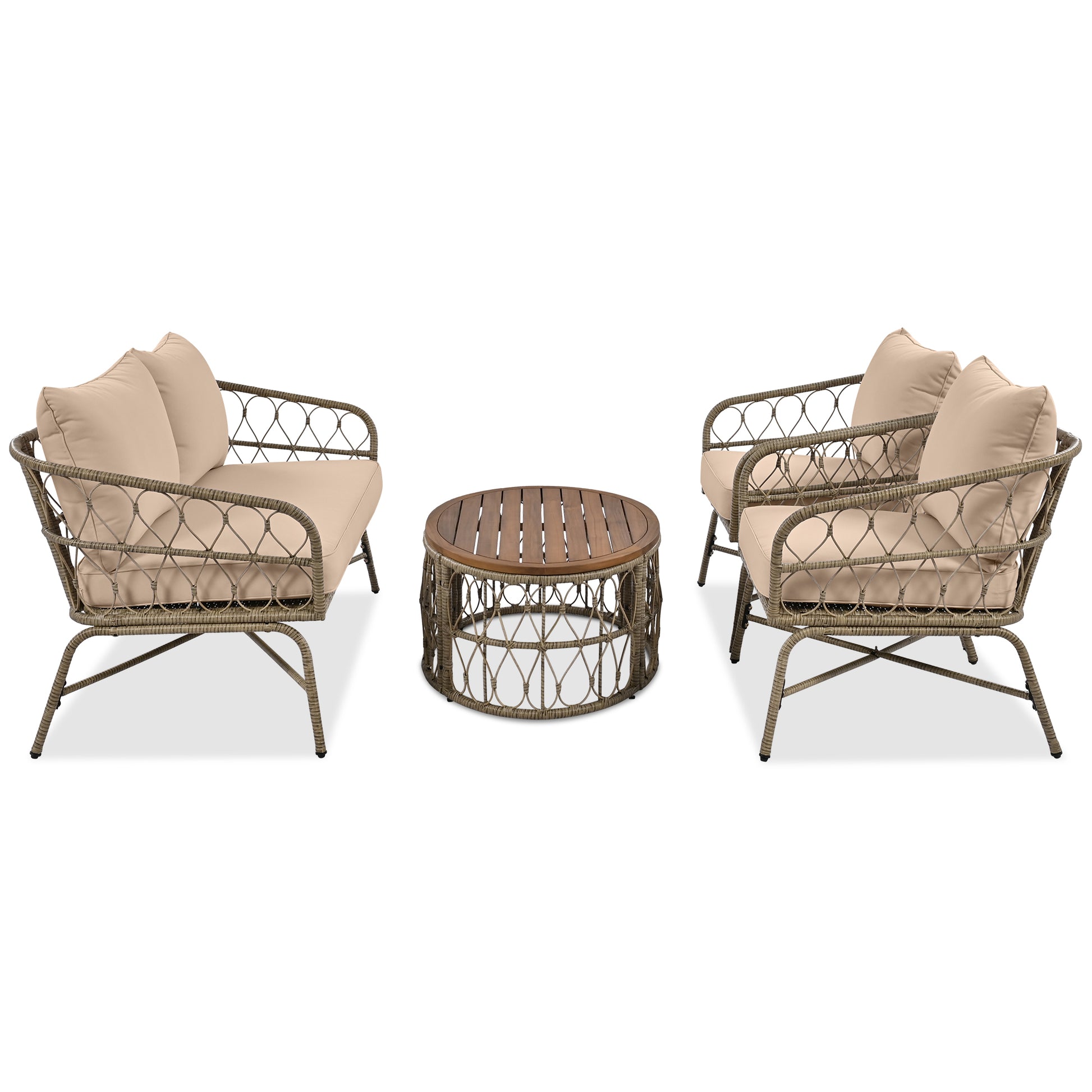 Bohemia Inspired 4 Person Outdoor Seating Group With Removable Cushions, Conversation Patio Set With Wood Tabletop, Beige Yes Beige Garden & Outdoor Complete Patio Sets Foam Wicker