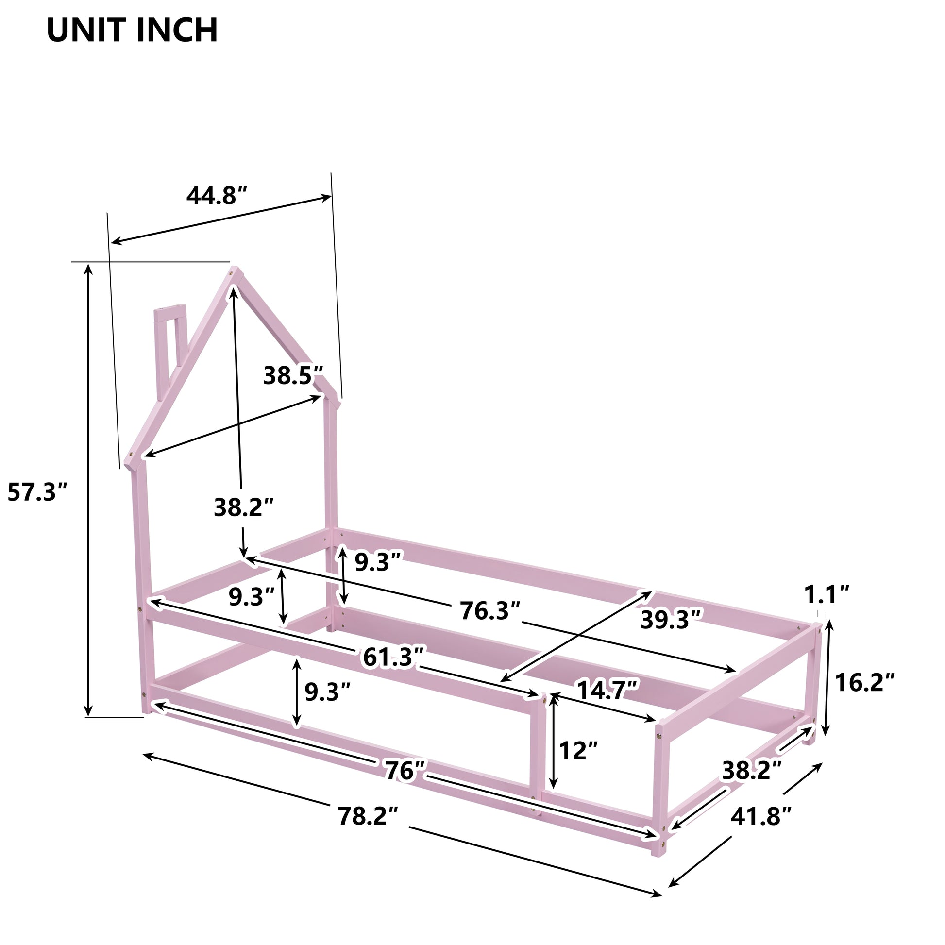 Twin Size Wood Bed With House Shaped Headboard Floor Bed With Fences,Pink Twin Pink Wood Bedroom American Design Pine Pine